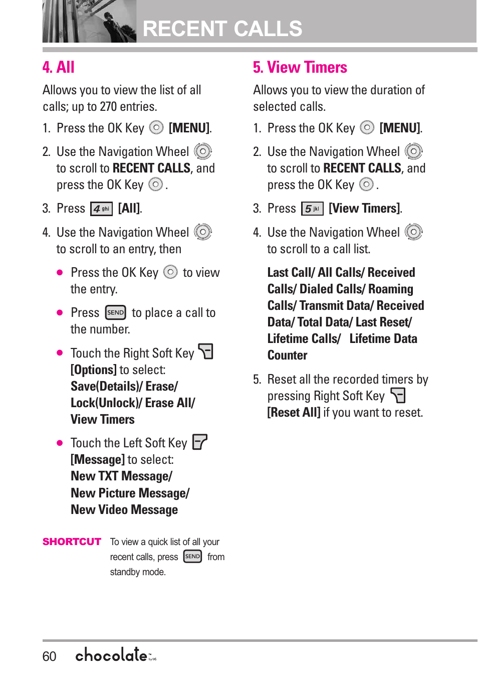 View timers, Recent calls | LG Chocolate User Manual | Page 62 / 262