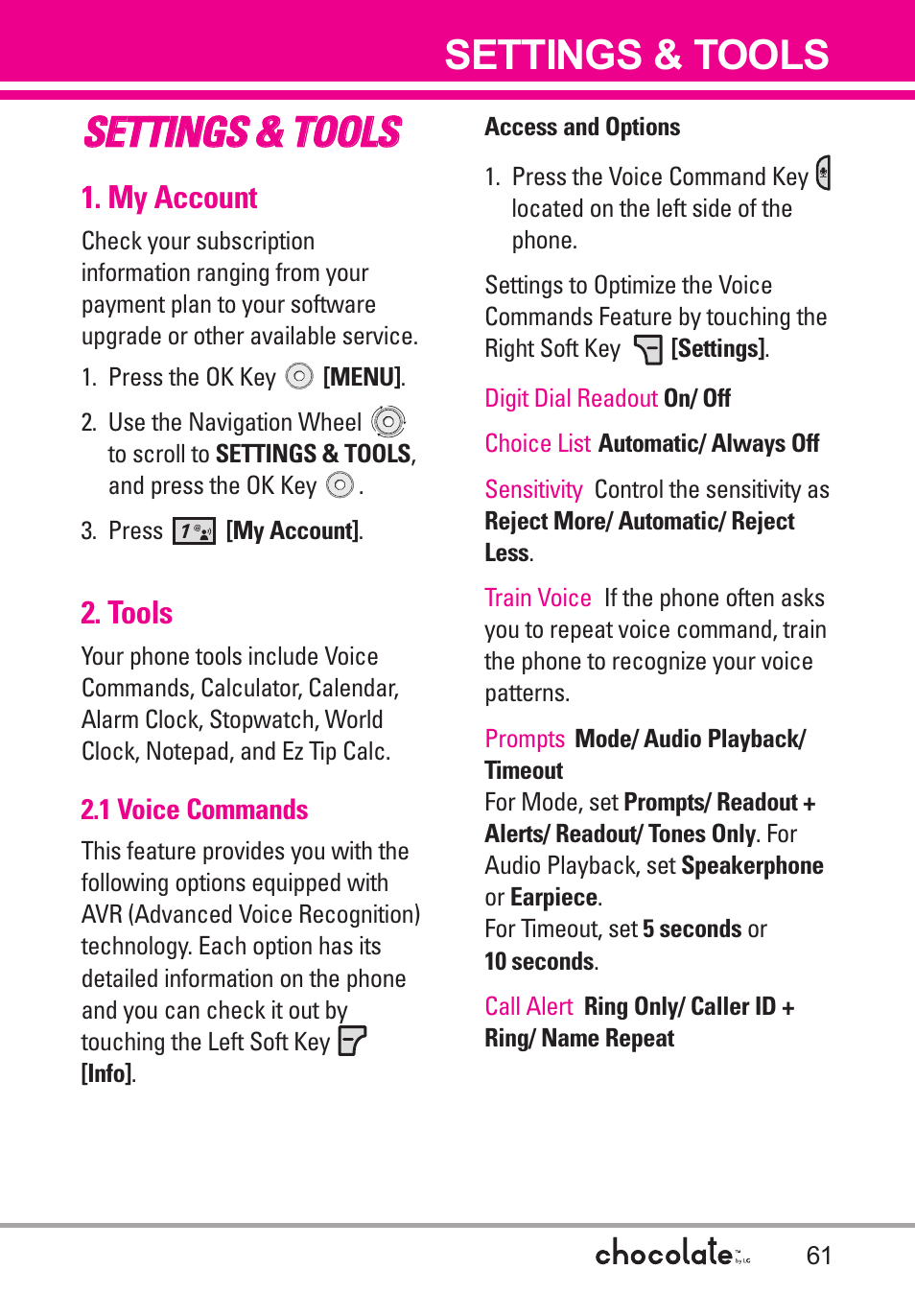 Settings & tools, My account, Tools | 1 voice commands, Sse et tt tiin ng gs s & & t to oo olls s | LG Chocolate User Manual | Page 63 / 262