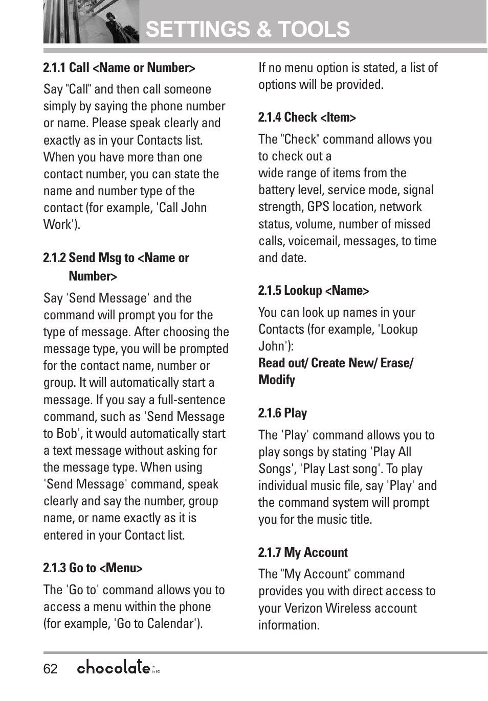 1 call <name or number, 2 send msg to <name or, 3 go to <menu | 4 check <item, 5 lookup <name, 6 play, 7 my account, 2 send msg to <name or number, Settings & tools | LG Chocolate User Manual | Page 64 / 262