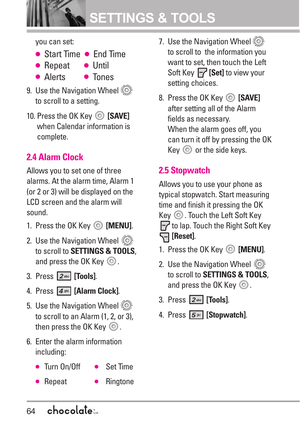 4 alarm clock, 5 stopwatch, Settings & tools | Start time, End time, Repeat, Until, Alerts, Tones | LG Chocolate User Manual | Page 66 / 262