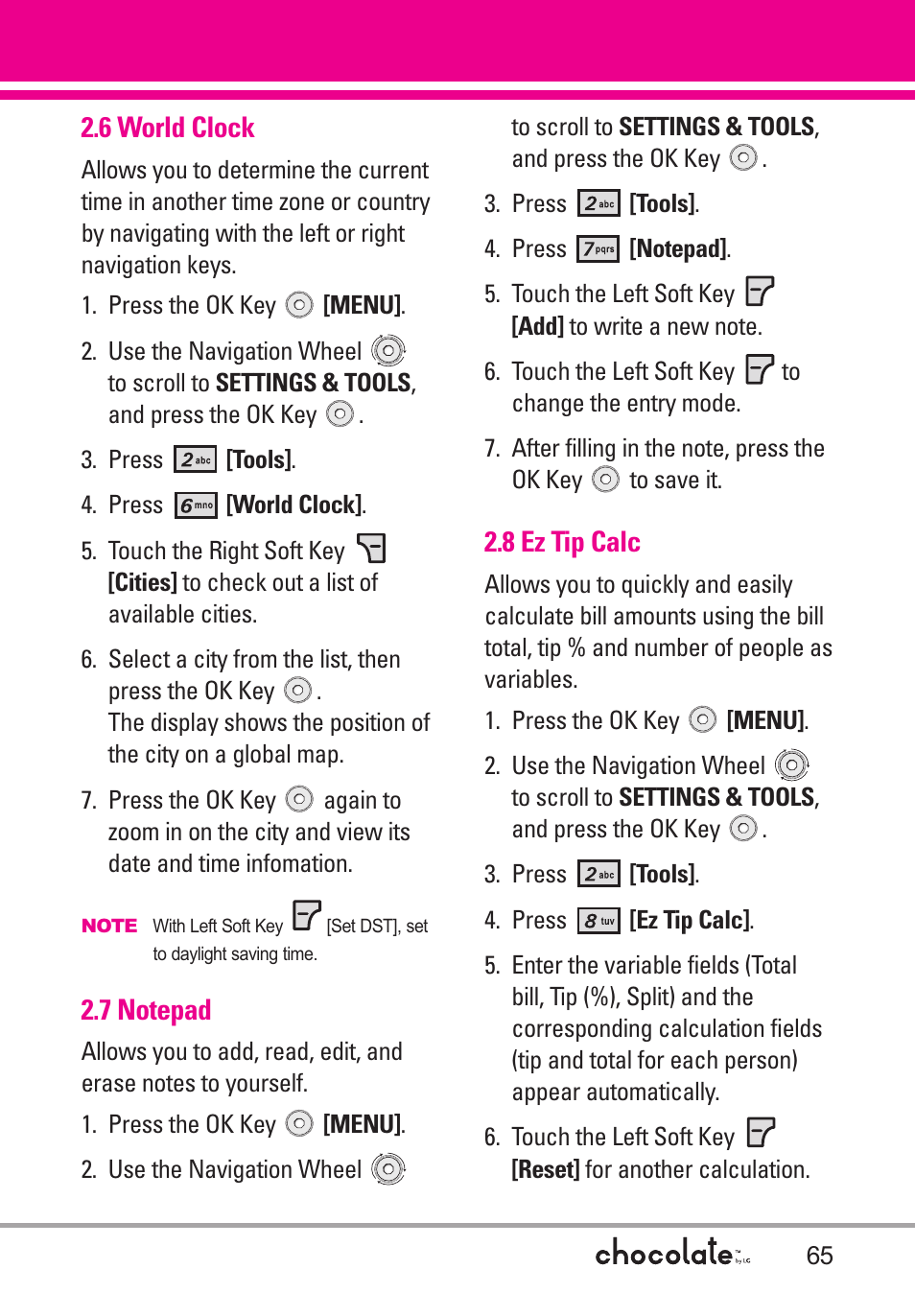 6 world clock, 7 notepad, 8 ez tip calc | LG Chocolate User Manual | Page 67 / 262