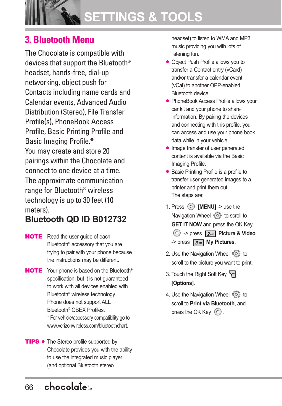 Bluetooth menu, Settings & tools, Wireless technology is up to 30 feet (10 meters) | LG Chocolate User Manual | Page 68 / 262