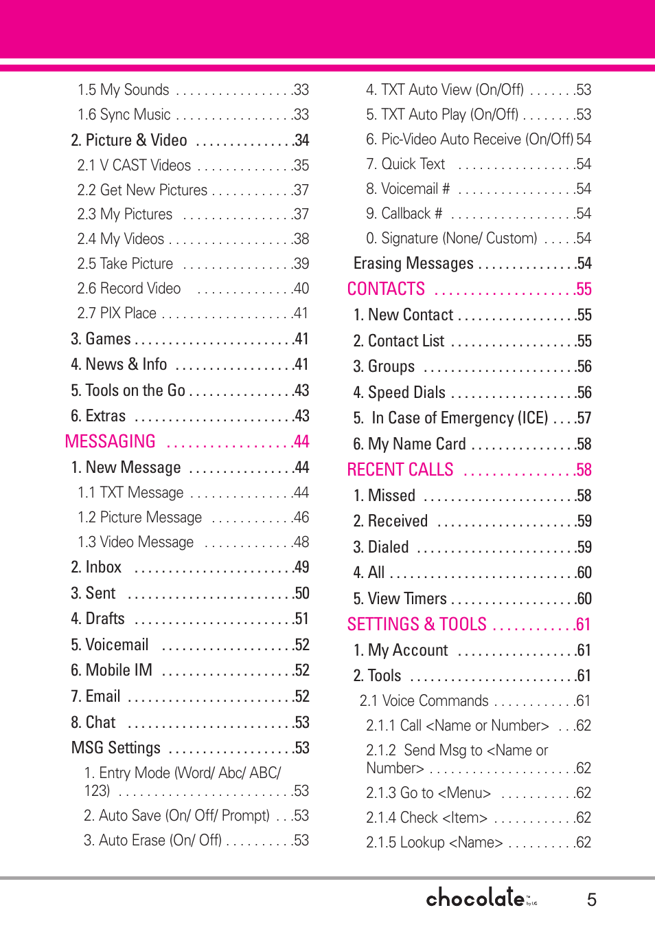 LG Chocolate User Manual | Page 7 / 262