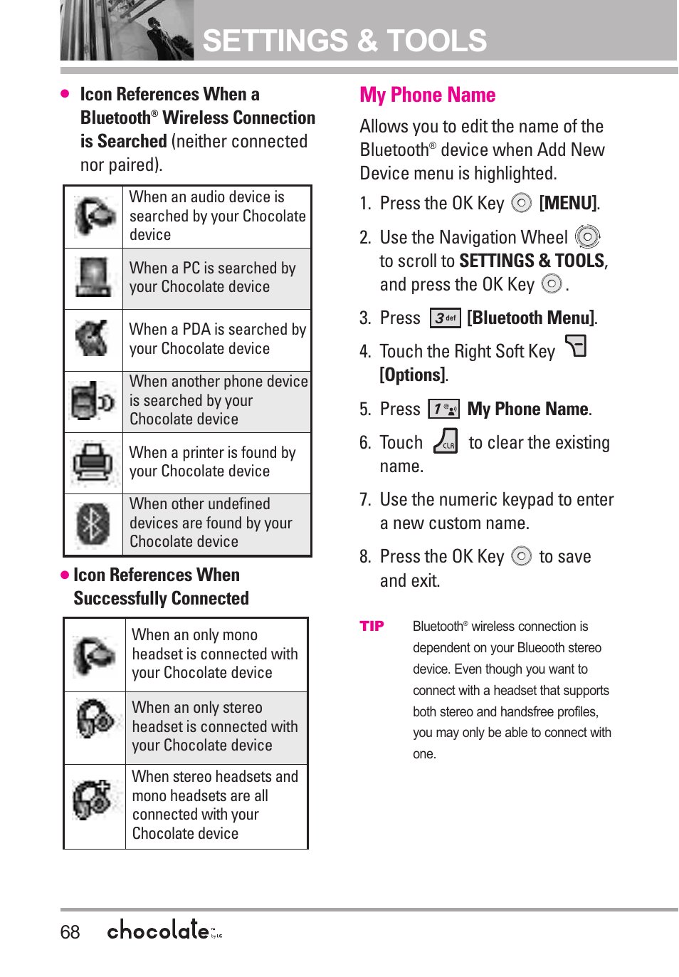 My phone name, Settings & tools | LG Chocolate User Manual | Page 70 / 262