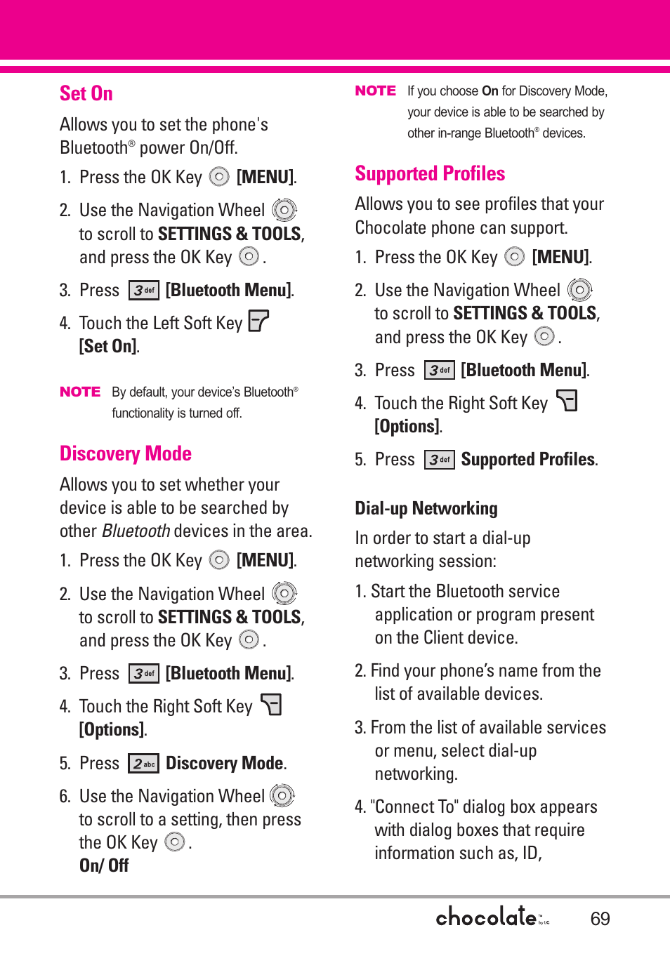 Set on, Discovery mode, Supported profiles | LG Chocolate User Manual | Page 71 / 262