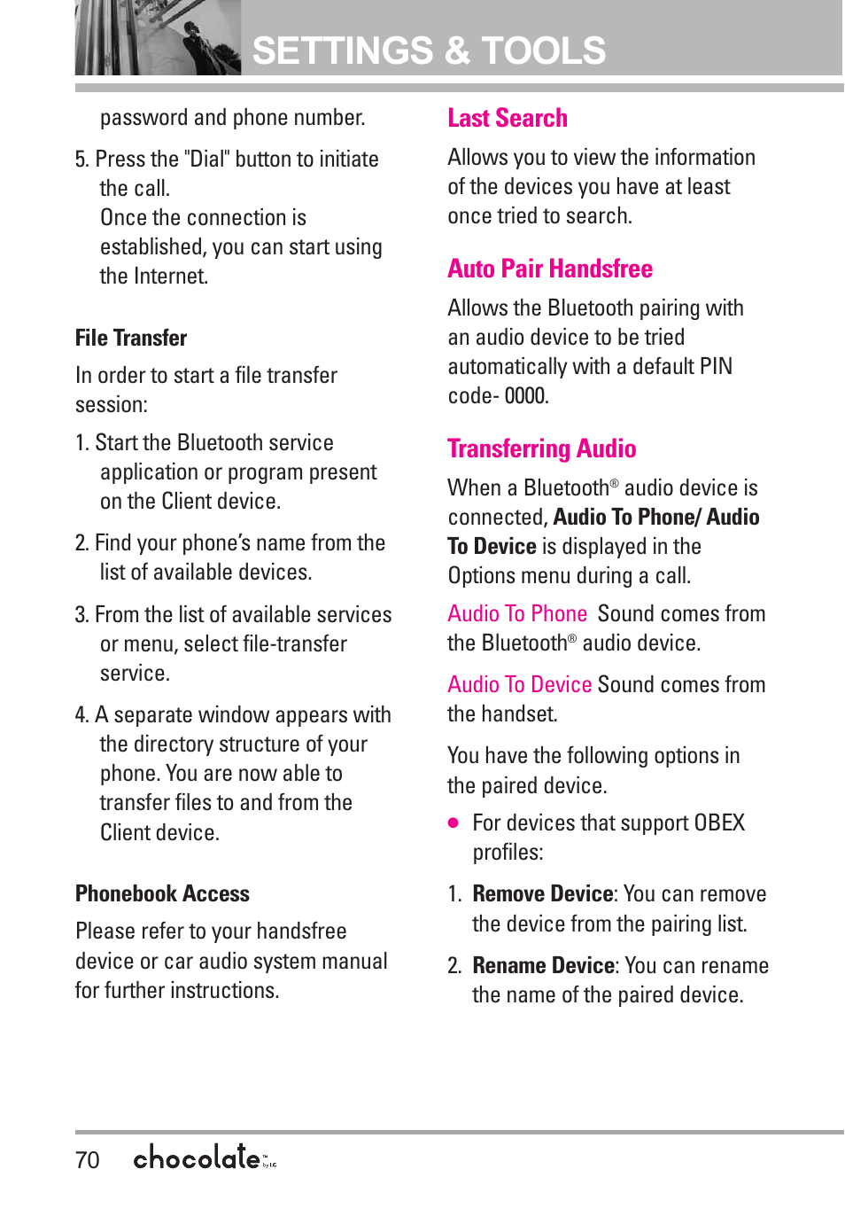 Last search, Auto pair handsfree, Transferring audio | Settings & tools | LG Chocolate User Manual | Page 72 / 262