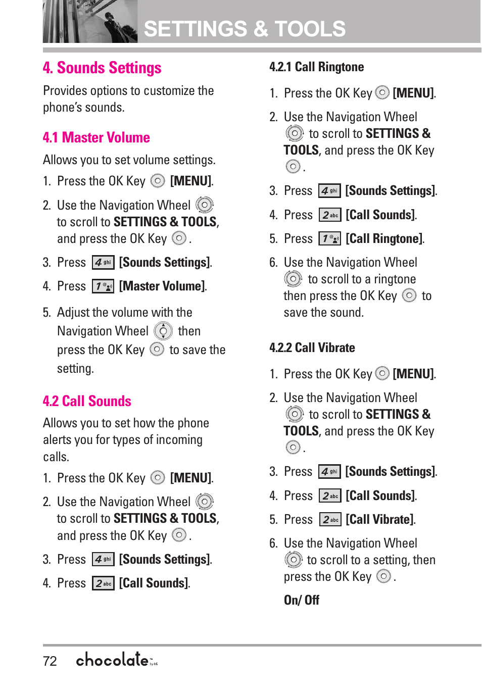 Sounds settings, 1 master volume, 2 call sounds | 1 call ringtone, 2 call vibrate, Settings & tools | LG Chocolate User Manual | Page 74 / 262