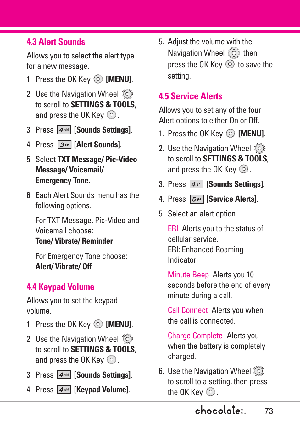 3 alert sounds, 4 keypad volume, 5 service alerts | LG Chocolate User Manual | Page 75 / 262