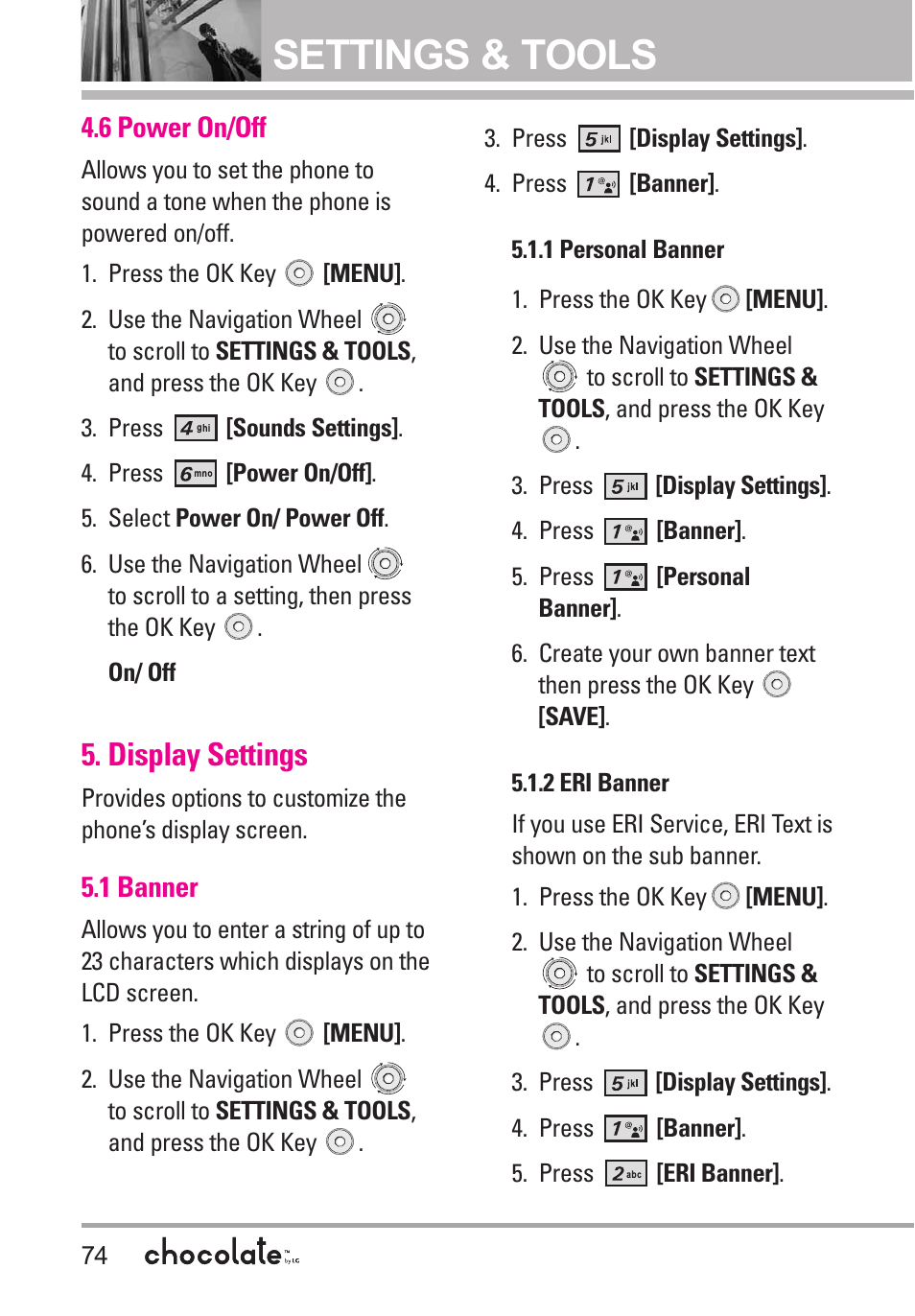 6 power on/off, Display settings, 1 banner | 1 personal banner, 2 eri banner, Settings & tools | LG Chocolate User Manual | Page 76 / 262