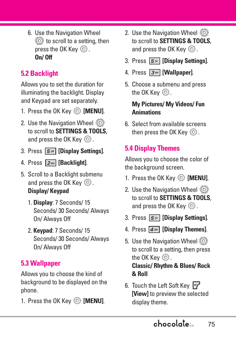 2 backlight, 3 wallpaper, 4 display themes | LG Chocolate User Manual | Page 77 / 262