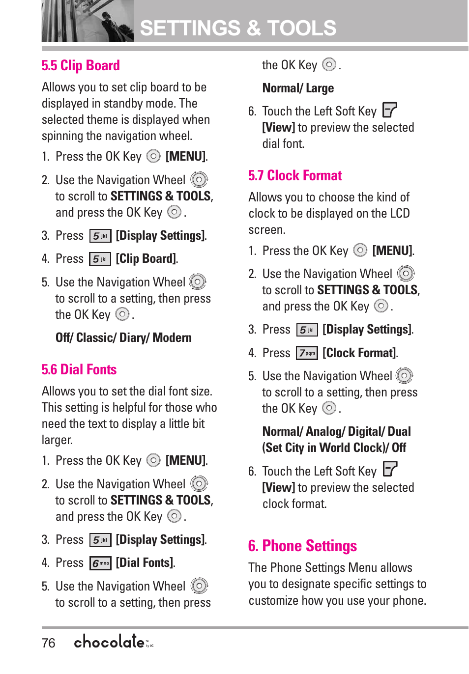 5 clip board, 6 dial fonts, 7 clock format | Phone settings, Settings & tools | LG Chocolate User Manual | Page 78 / 262