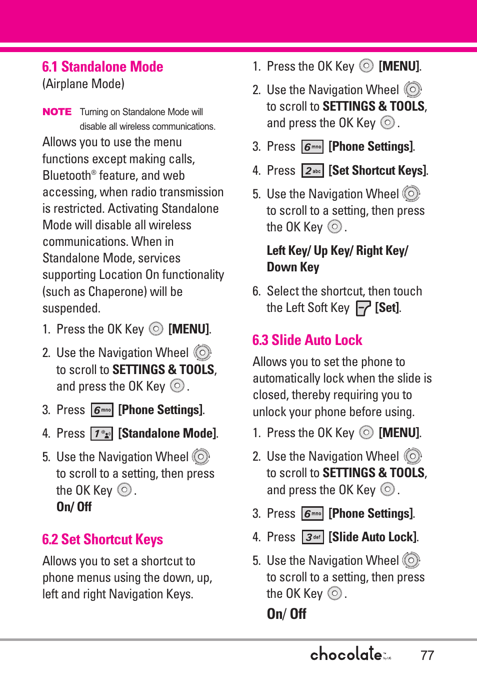 1 standalone mode, 2 set shortcut keys, 3 slide auto lock | LG Chocolate User Manual | Page 79 / 262