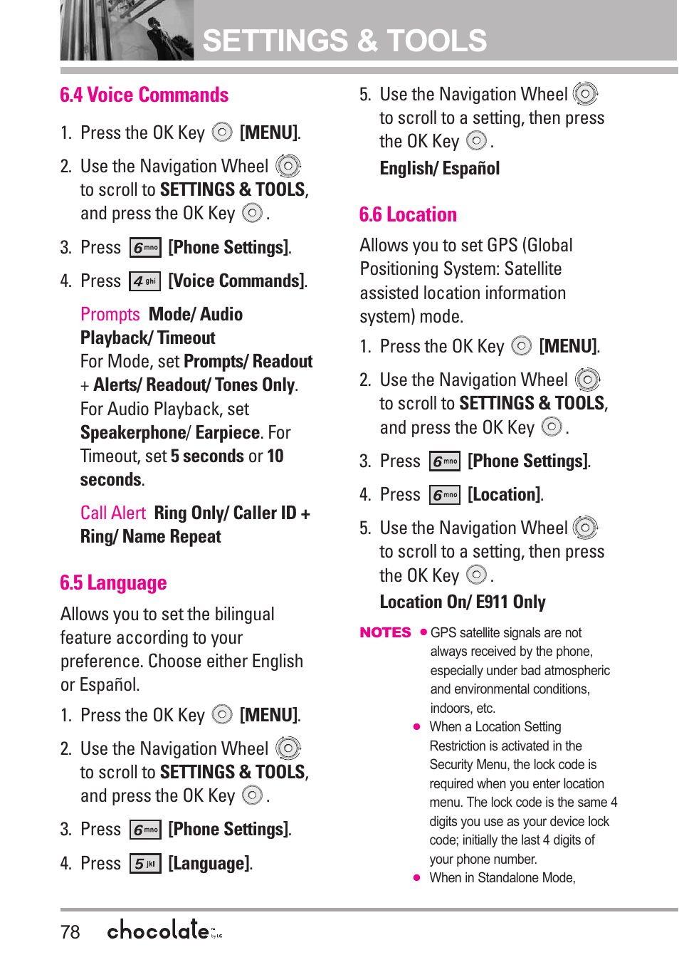 4 voice commands, 5 language, 6 location | Settings & tools | LG Chocolate User Manual | Page 80 / 262