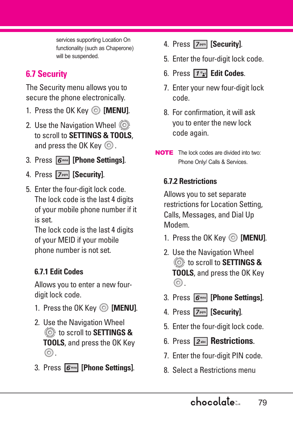 7 security, 1 edit codes, 2 restrictions | LG Chocolate User Manual | Page 81 / 262