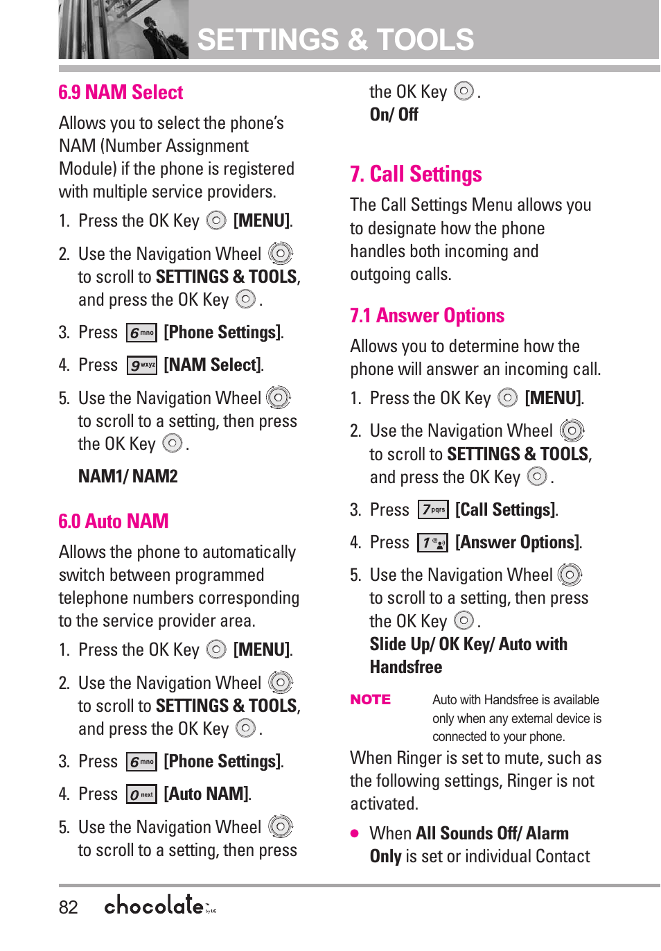 9 nam select, 0 auto nam, Call settings | 1 answer options, Settings & tools | LG Chocolate User Manual | Page 84 / 262