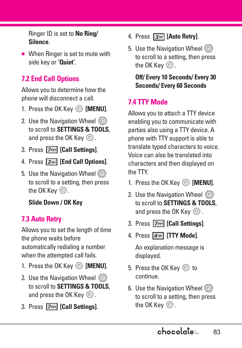 2 end call options, 3 auto retry, 4 tty mode | LG Chocolate User Manual | Page 85 / 262