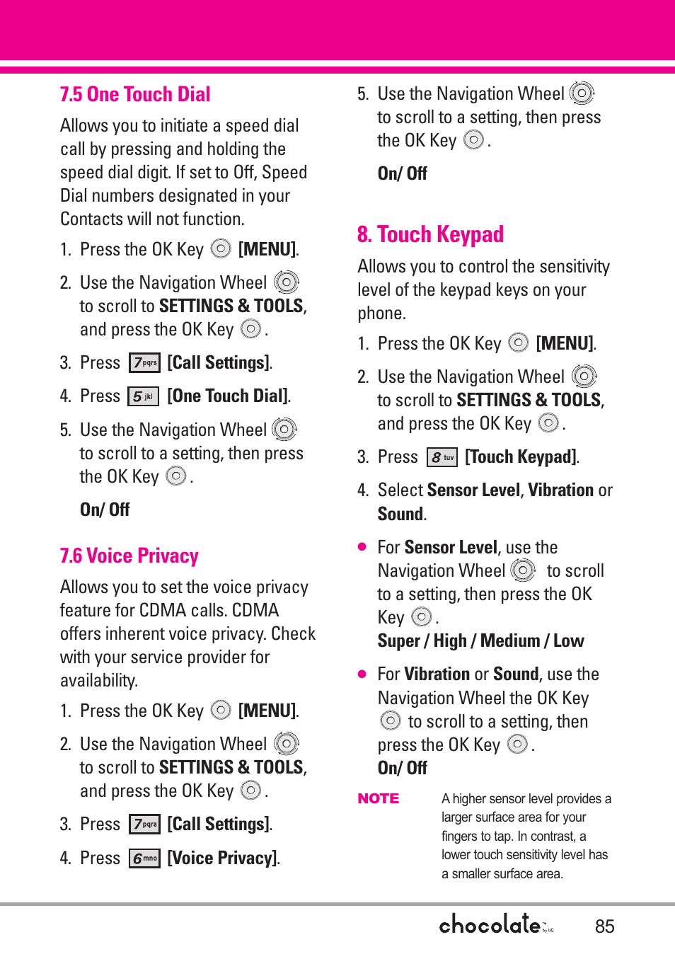 5 one touch dial, 6 voice privacy, Touch keypad | LG Chocolate User Manual | Page 87 / 262