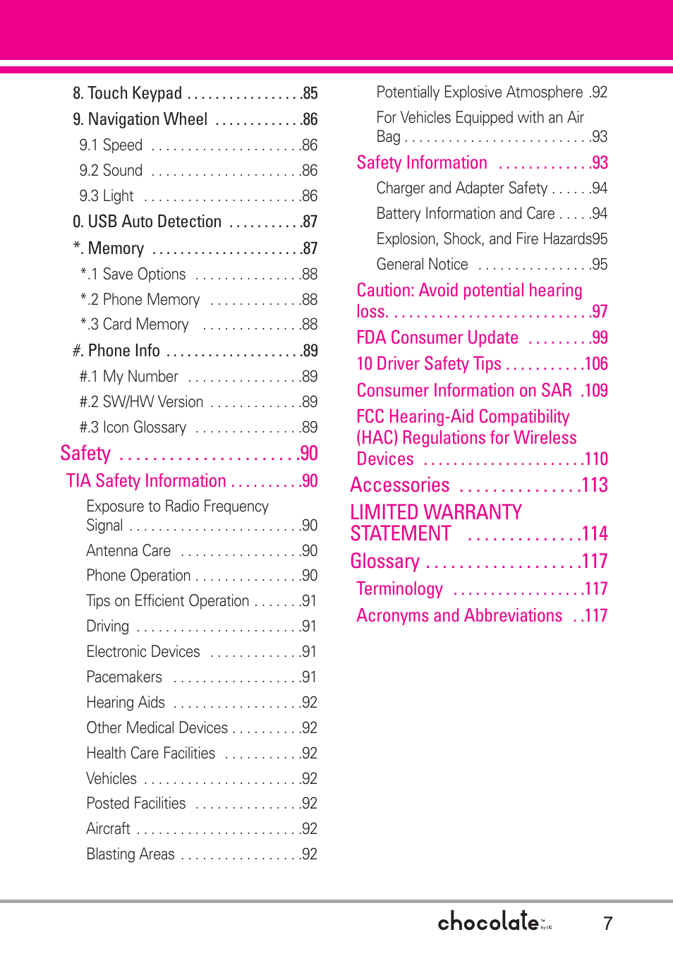 Safety, Accessories limited warranty statement glossary | LG Chocolate User Manual | Page 9 / 262