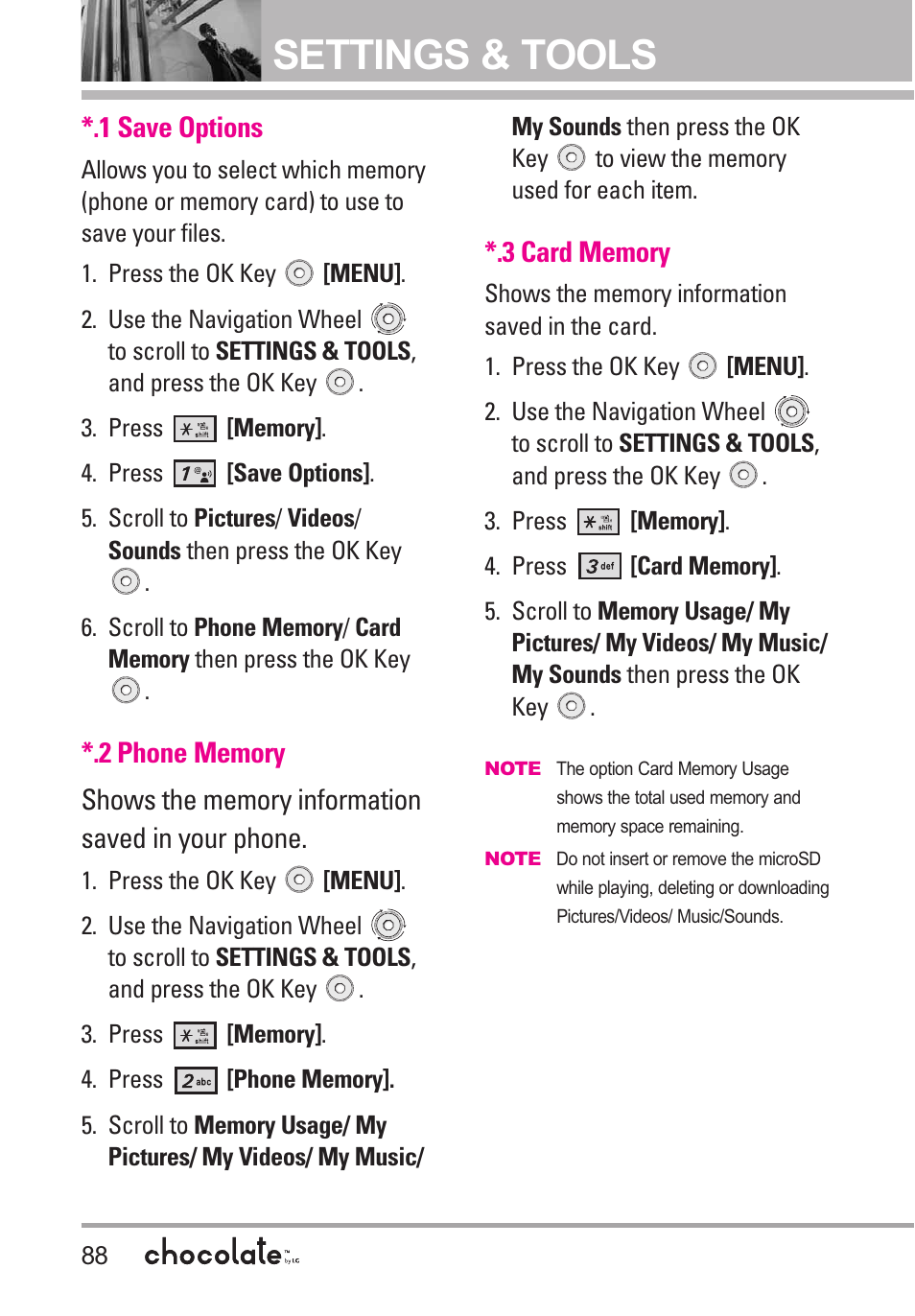 1 save options, 2 phone memory, 3 card memory | Settings & tools | LG Chocolate User Manual | Page 90 / 262