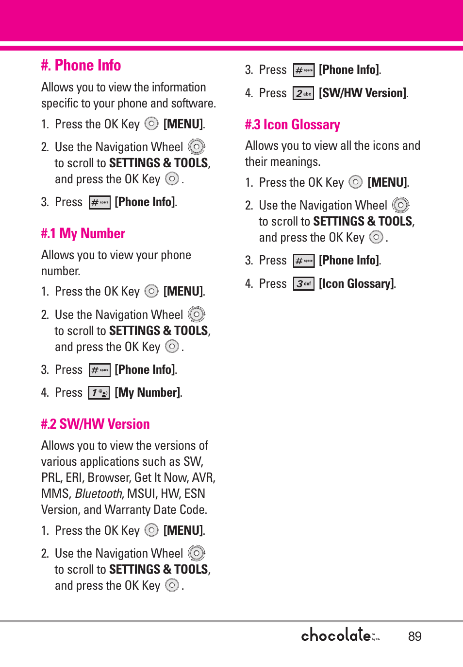 Phone info, 1 my number, 2 sw/hw version | 3 icon glossary | LG Chocolate User Manual | Page 91 / 262