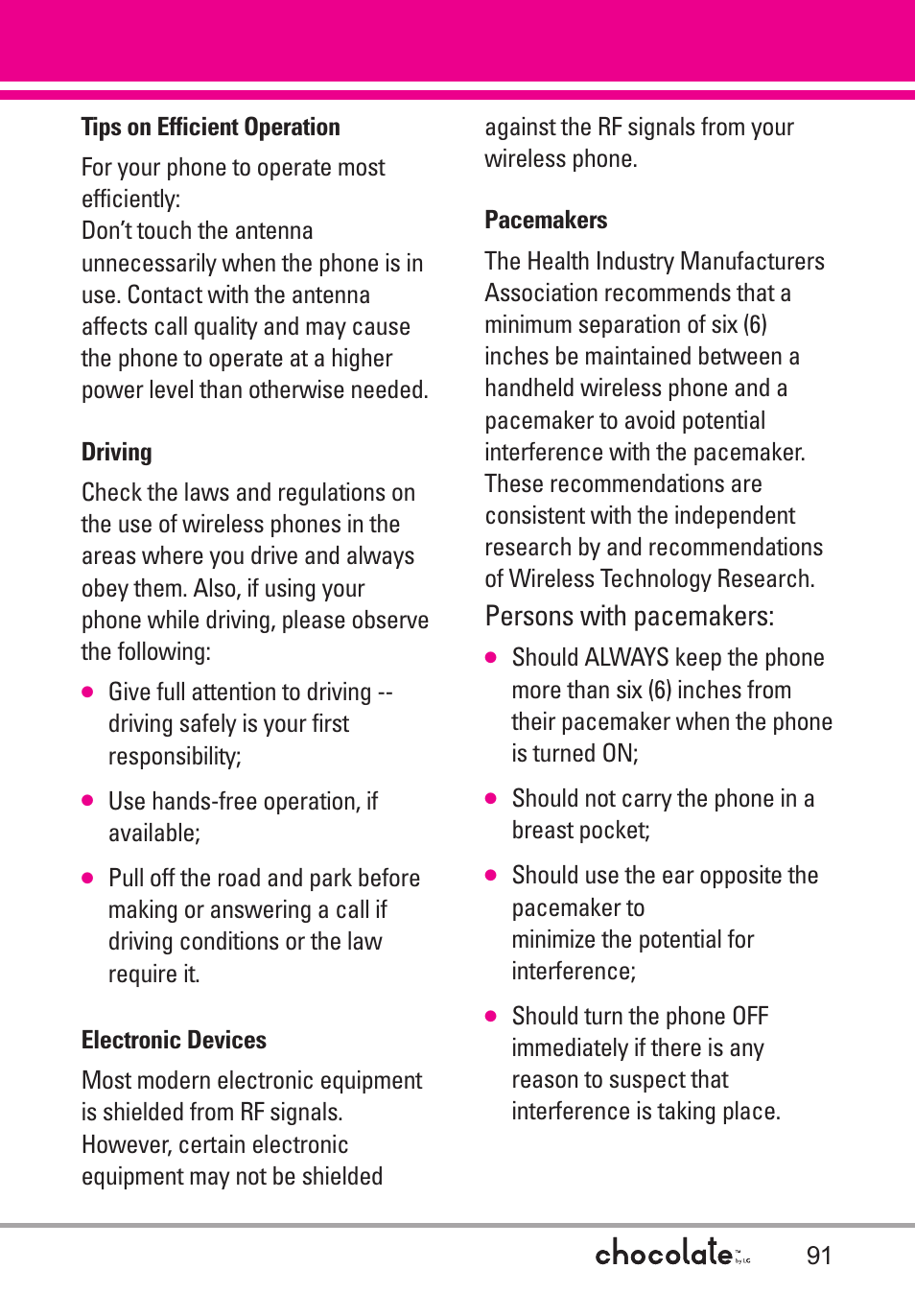 Tips on efficient operation, Driving, Electronic devices | Pacemakers, Persons with pacemakers | LG Chocolate User Manual | Page 93 / 262