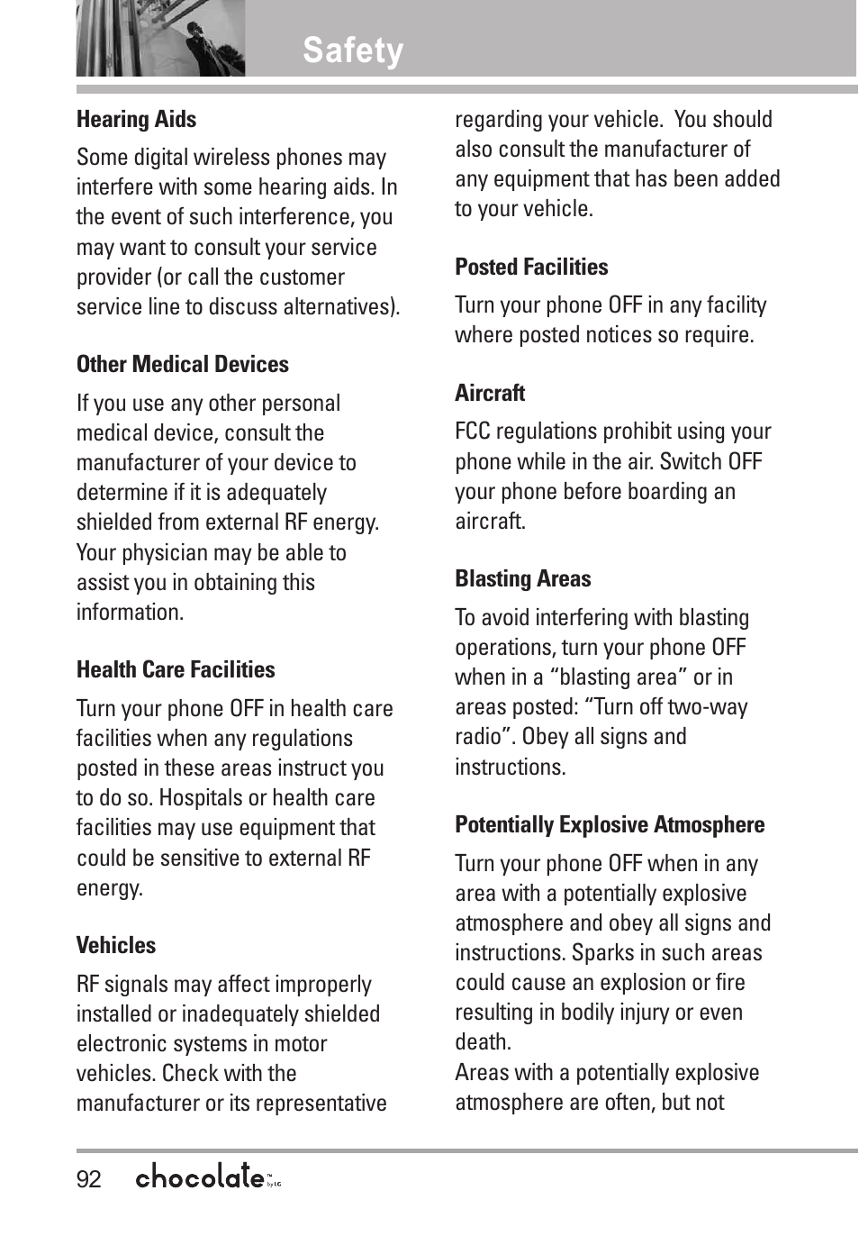 Hearing aids, Other medical devices, Health care facilities | Vehicles, Posted facilities, Aircraft, Blasting areas, Potentially explosive atmosp, Potentially explosive atmosphere .92, Safety | LG Chocolate User Manual | Page 94 / 262