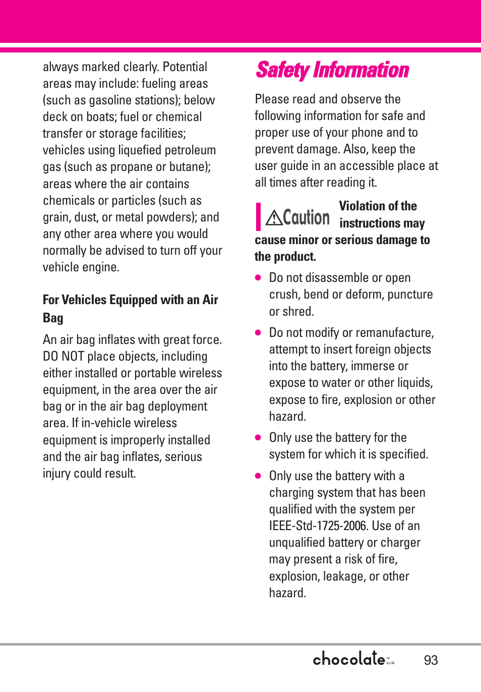 For vehicles equipped with a, Safety information, For vehicles equipped with an air bag | Ssa affe ettyy iin nffo orrm ma attiio on n, Caution | LG Chocolate User Manual | Page 95 / 262