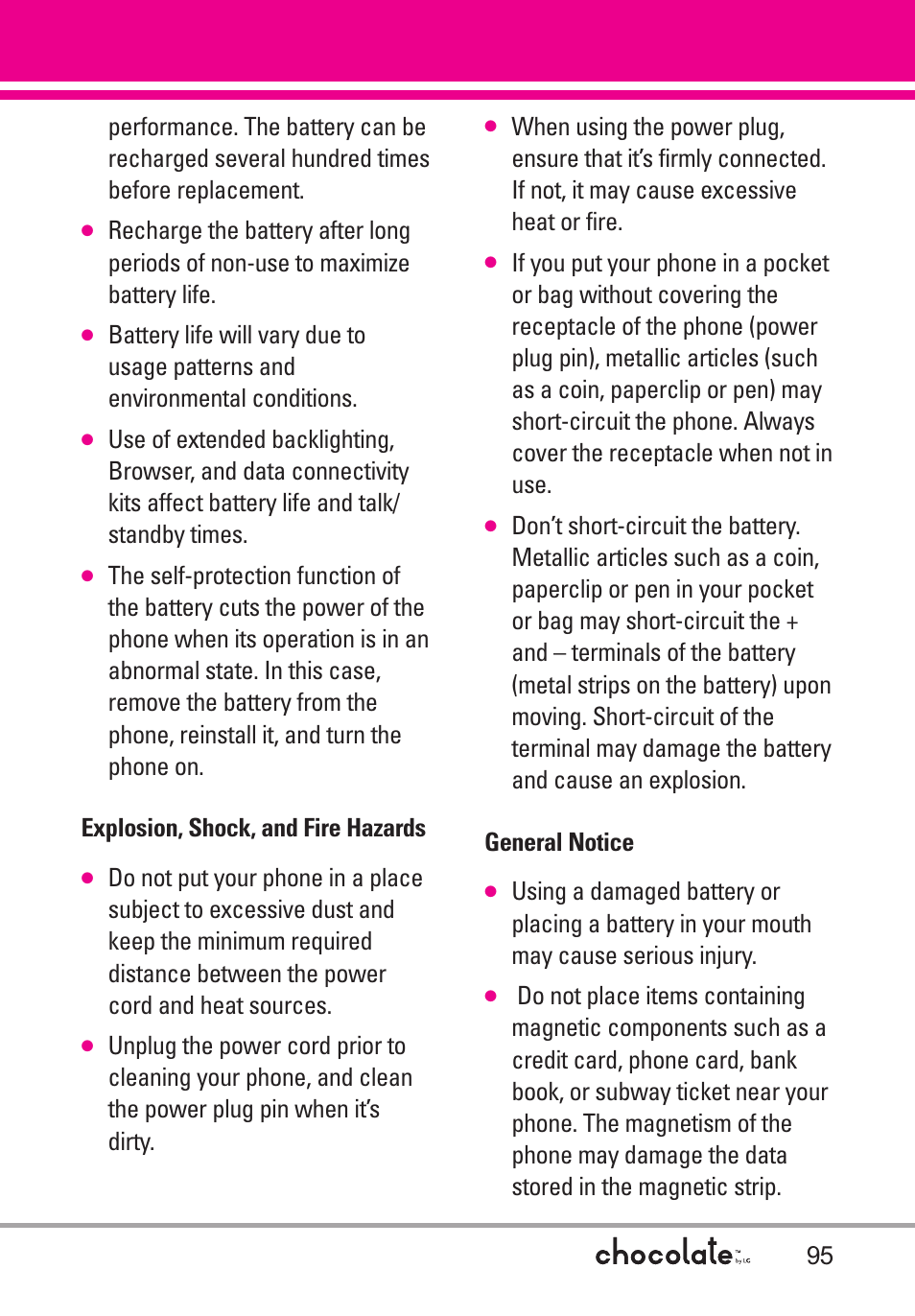 Explosion, shock, and fire h, General notice, Explosion, shock, and fire hazards95 | LG Chocolate User Manual | Page 97 / 262