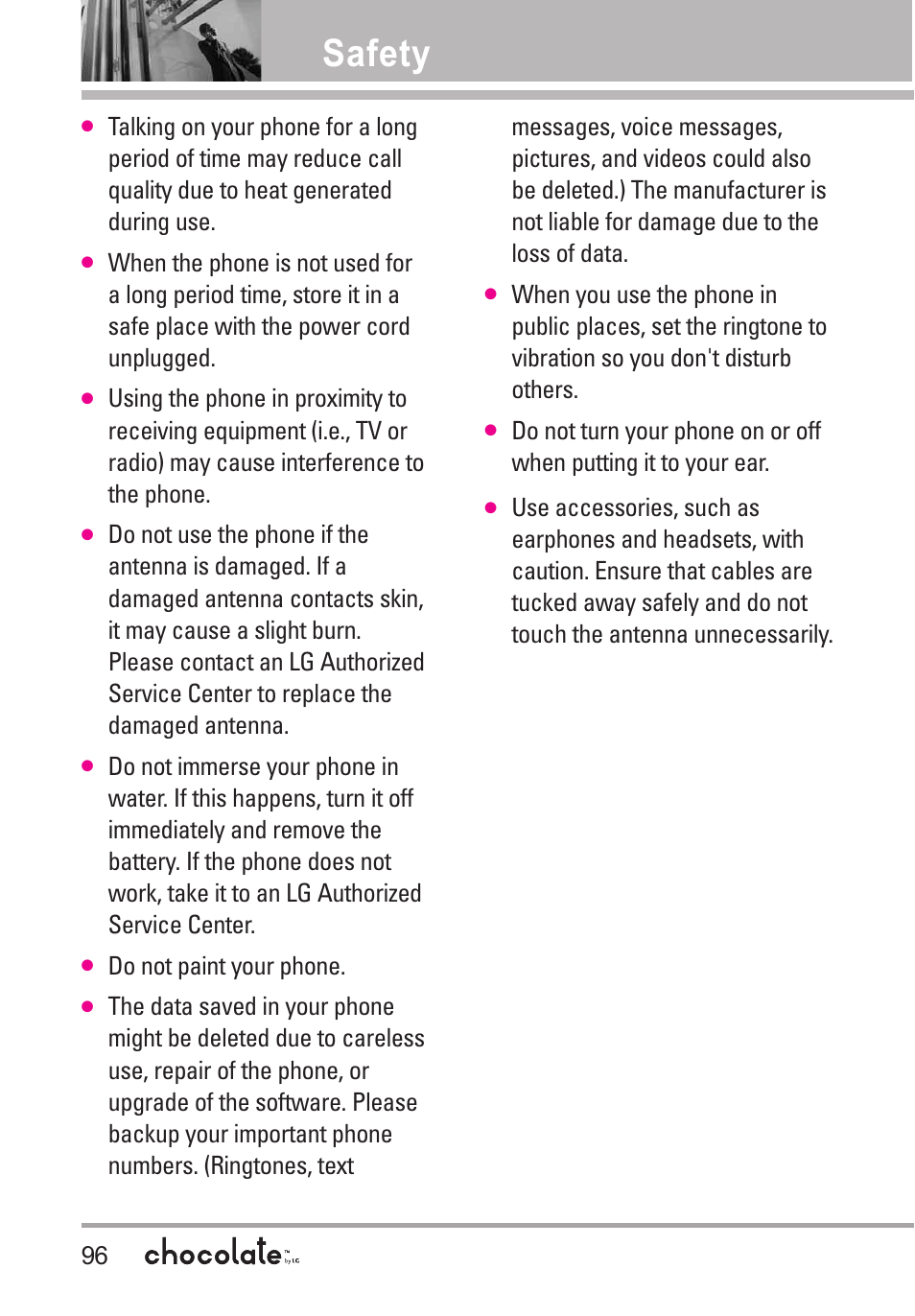 Safety | LG Chocolate User Manual | Page 98 / 262