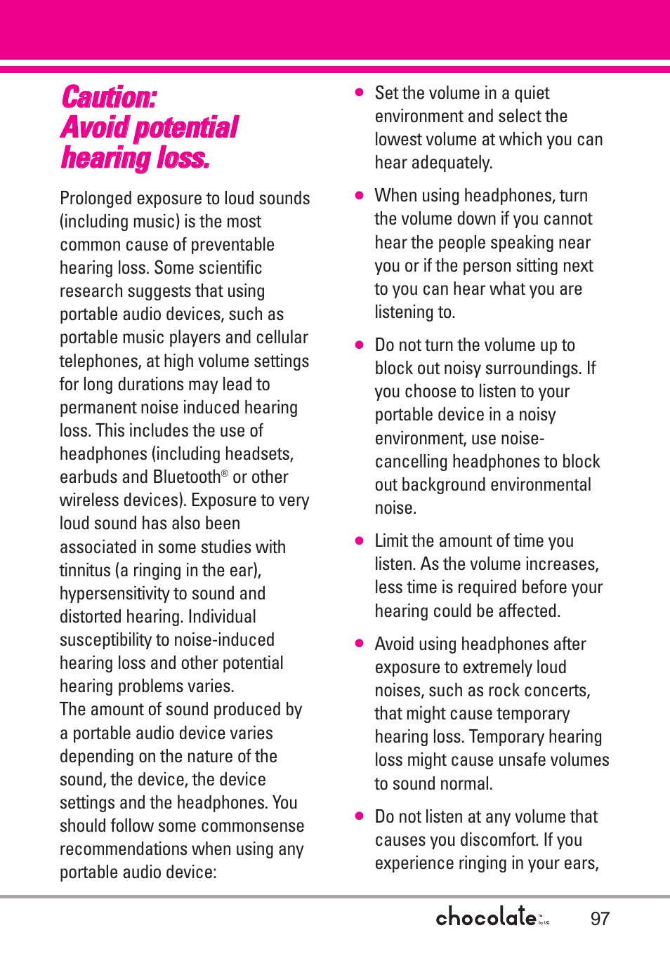 Caution: avoid potential hea, Caution: avoid potential hearing loss | LG Chocolate User Manual | Page 99 / 262