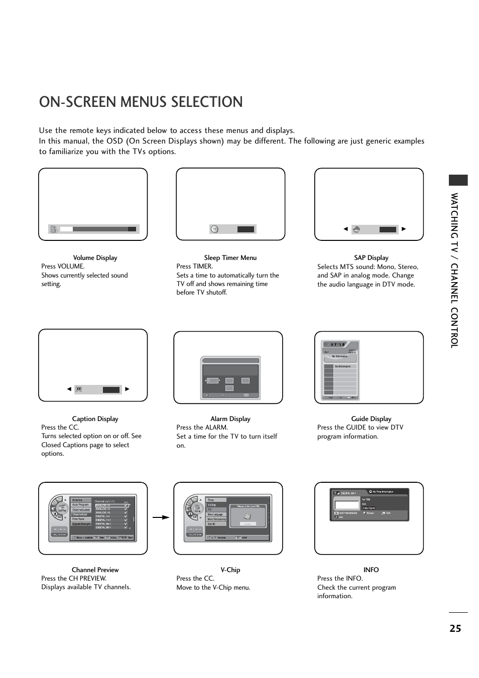 On-screen menus selection, Wa tching tv / channel contr o l | LG 26LH1DC5 User Manual | Page 25 / 80