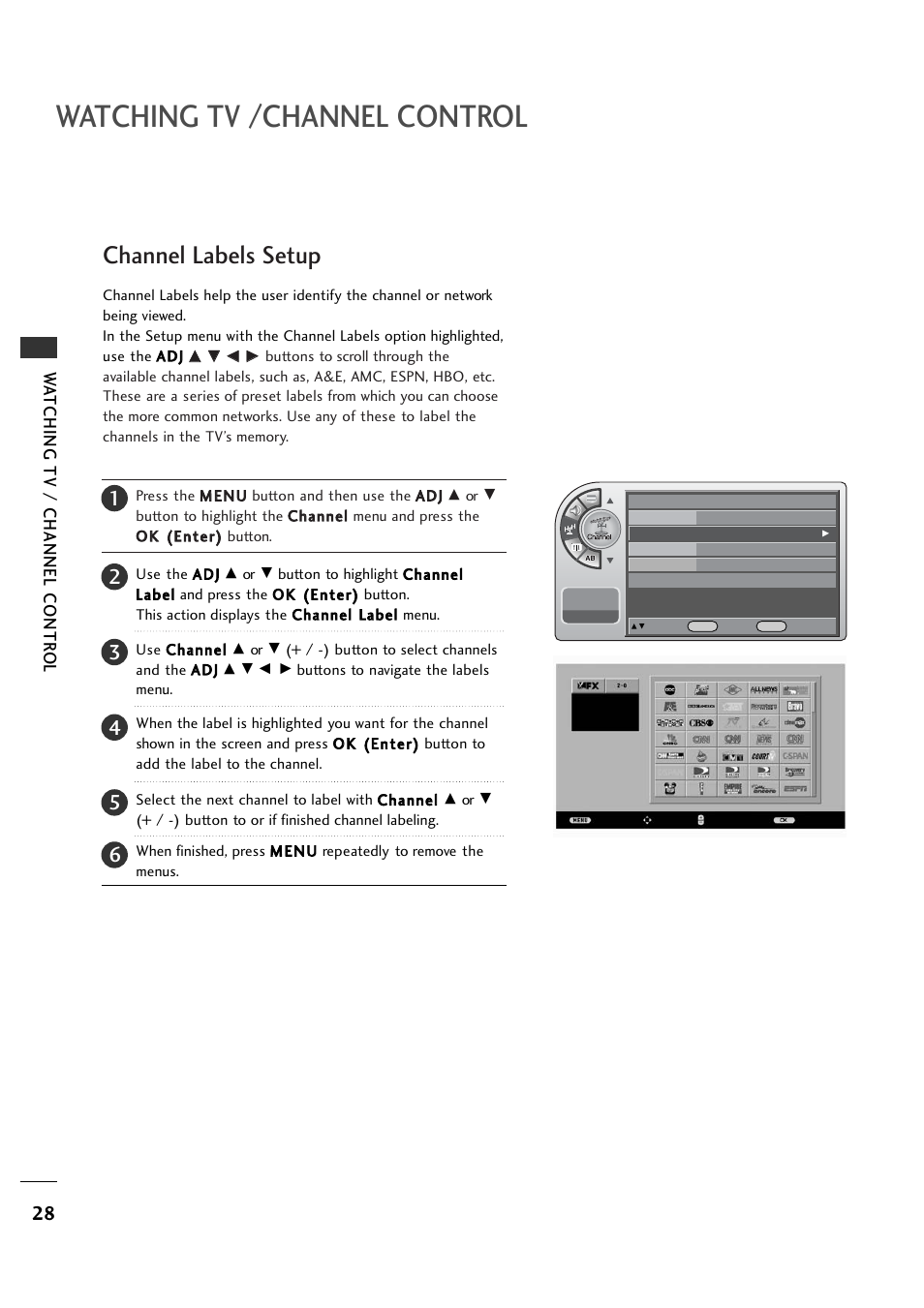 Channel labels setup, Watching tv /channel control, Wa tching tv / channel contr o l | LG 26LH1DC5 User Manual | Page 28 / 80