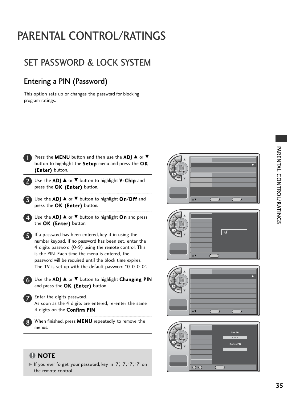 Parental control/ratings, Set password & lock system, Entering a pin (password) | Parent al contr ol/r a tings | LG 26LH1DC5 User Manual | Page 35 / 80