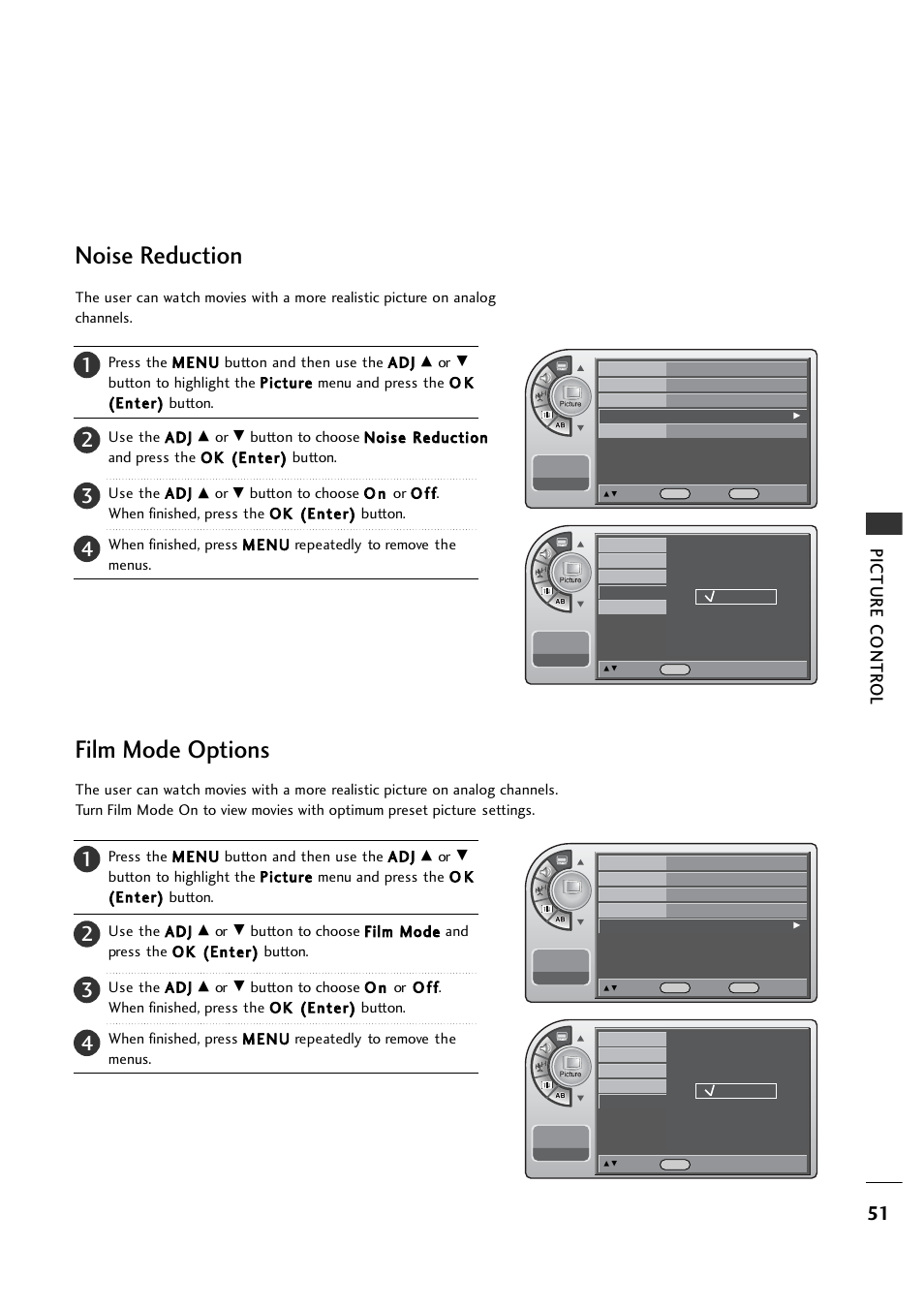 Noise reduction, Film mode options, Film mode options noise reduction | Picture contr o l | LG 26LH1DC5 User Manual | Page 51 / 80