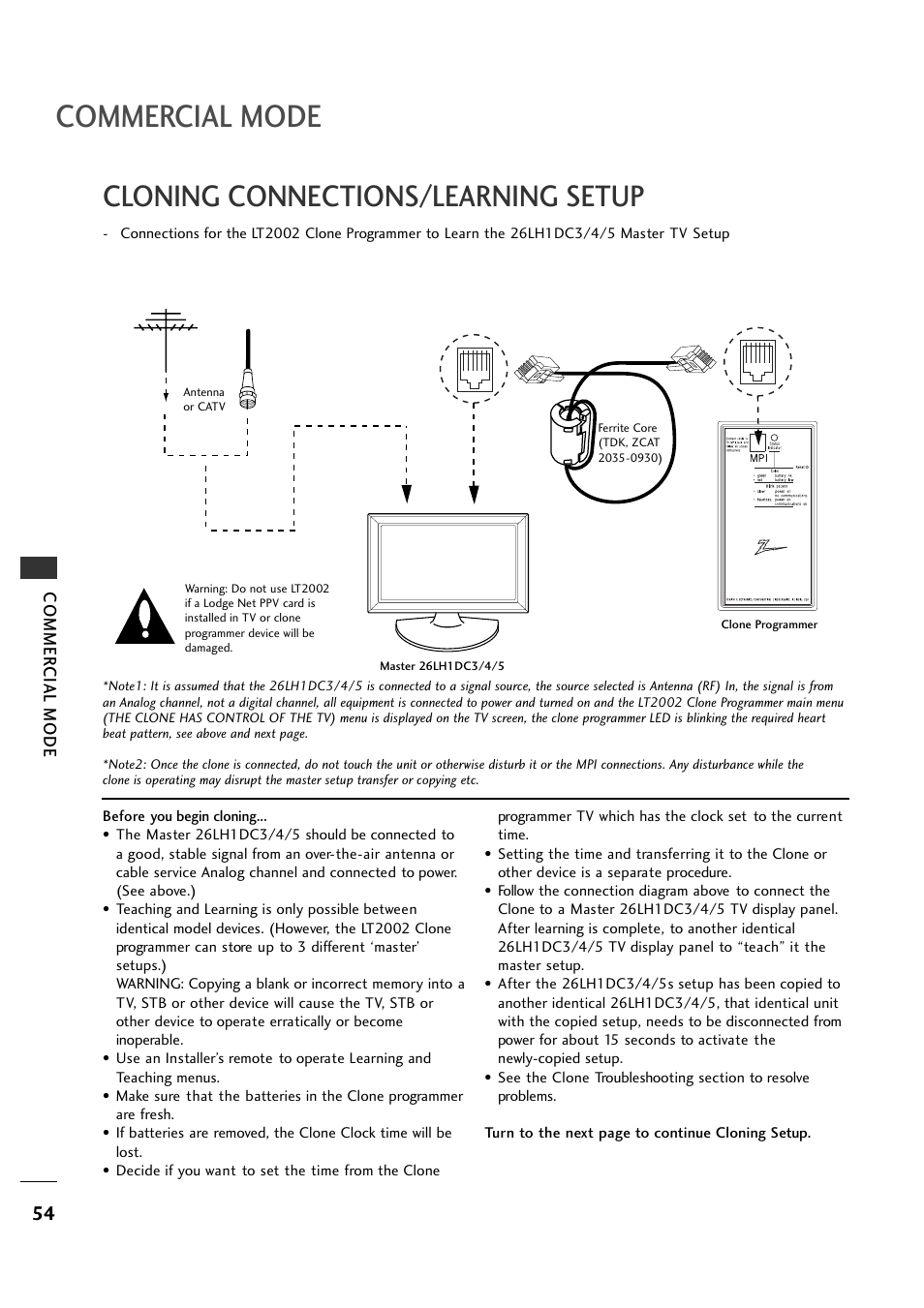 Cloning connections/learning setup, Commercial mode, Commer cial mode | LG 26LH1DC5 User Manual | Page 54 / 80