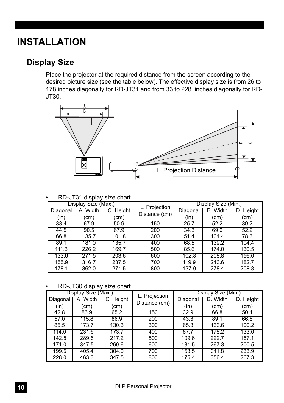 Installation, L projection distance, Display size | LG RD-JT30 User Manual | Page 14 / 29