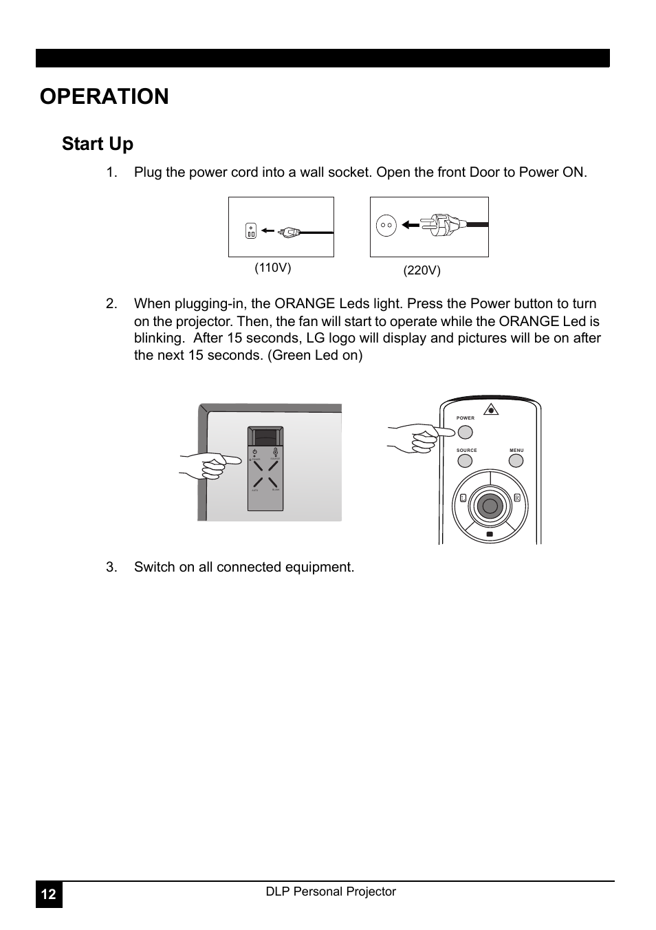 Operation, Switch on all connected equipment, Start up | LG RD-JT30 User Manual | Page 16 / 29