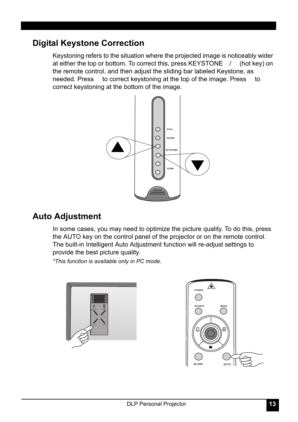 This function is available only in pc mode, Digital keystone correction, Auto adjustment | LG RD-JT30 User Manual | Page 17 / 29