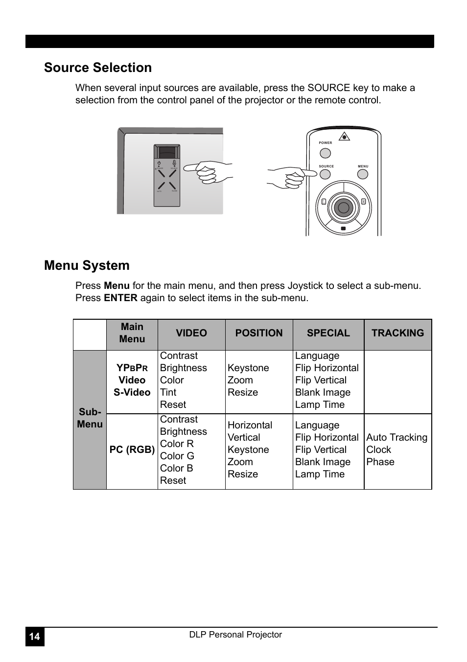 Source selection, Menu system | LG RD-JT30 User Manual | Page 18 / 29