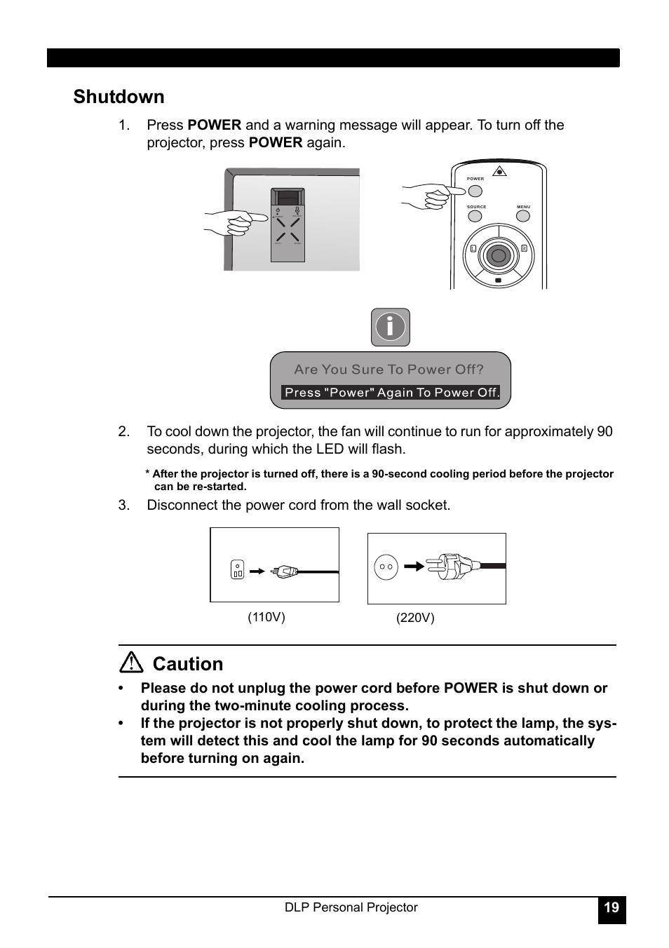 Disconnect the power cord from the wall socket, Shutdown, Caution | LG RD-JT30 User Manual | Page 23 / 29