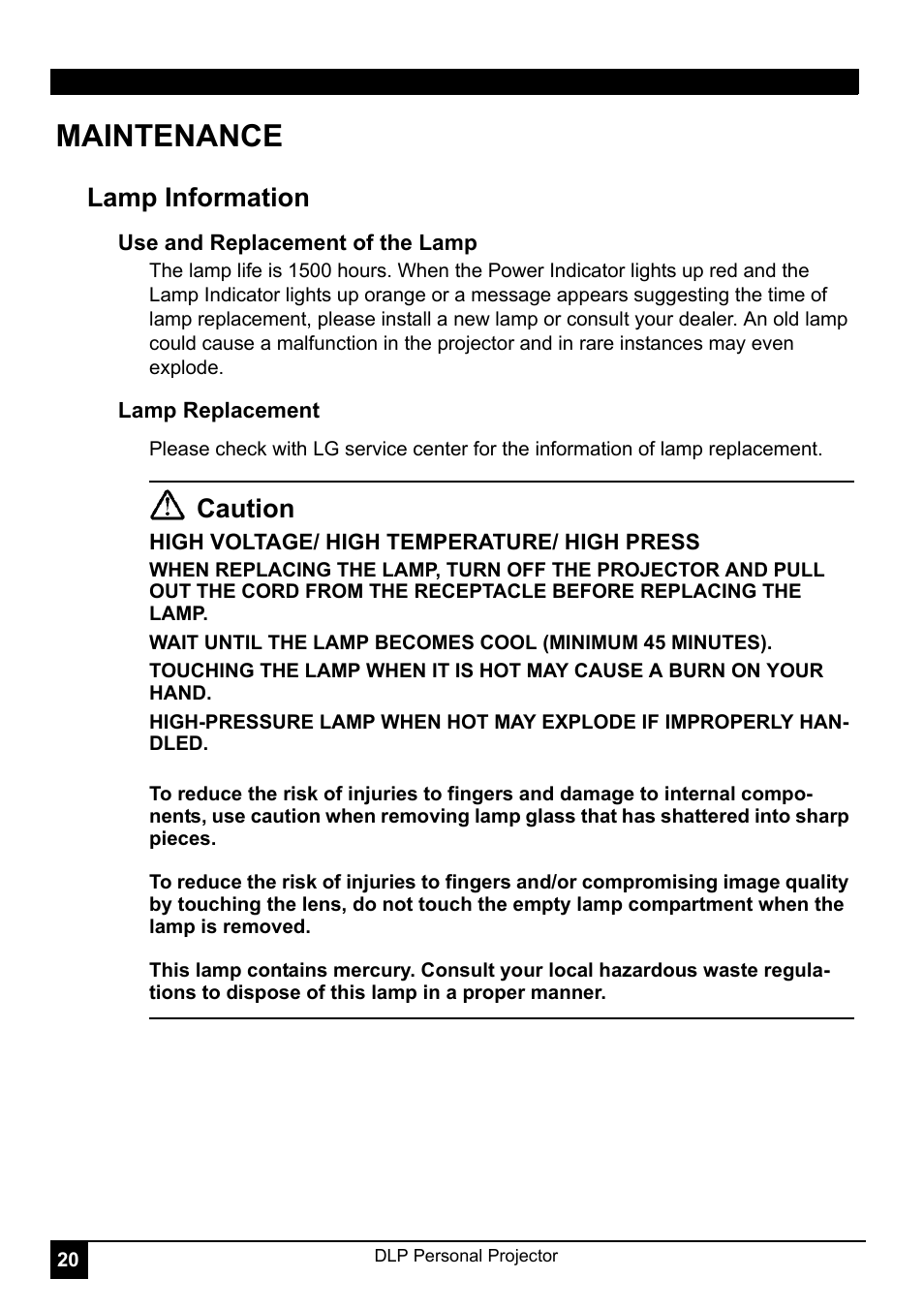 Maintenance, Lamp information, Caution | LG RD-JT30 User Manual | Page 24 / 29