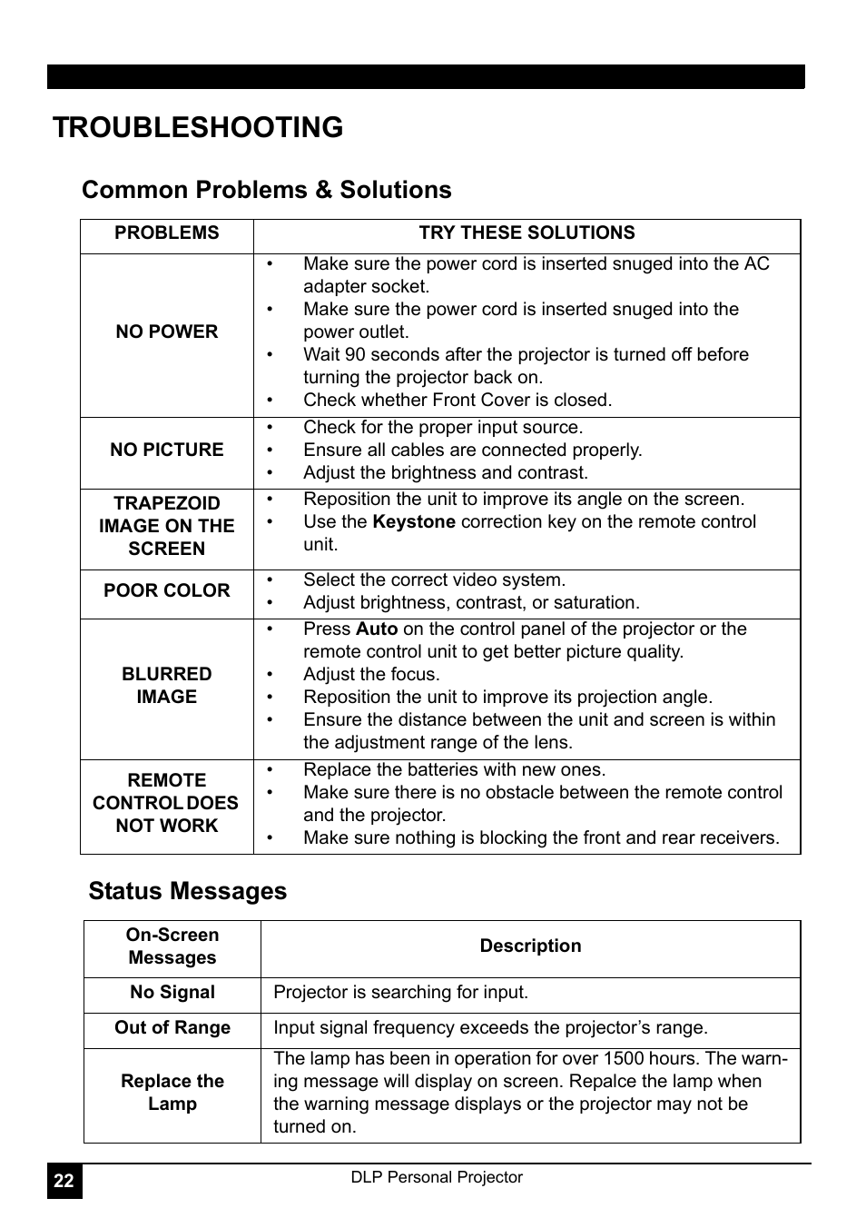 Troubleshooting, Common problems & solutions status messages | LG RD-JT30 User Manual | Page 26 / 29