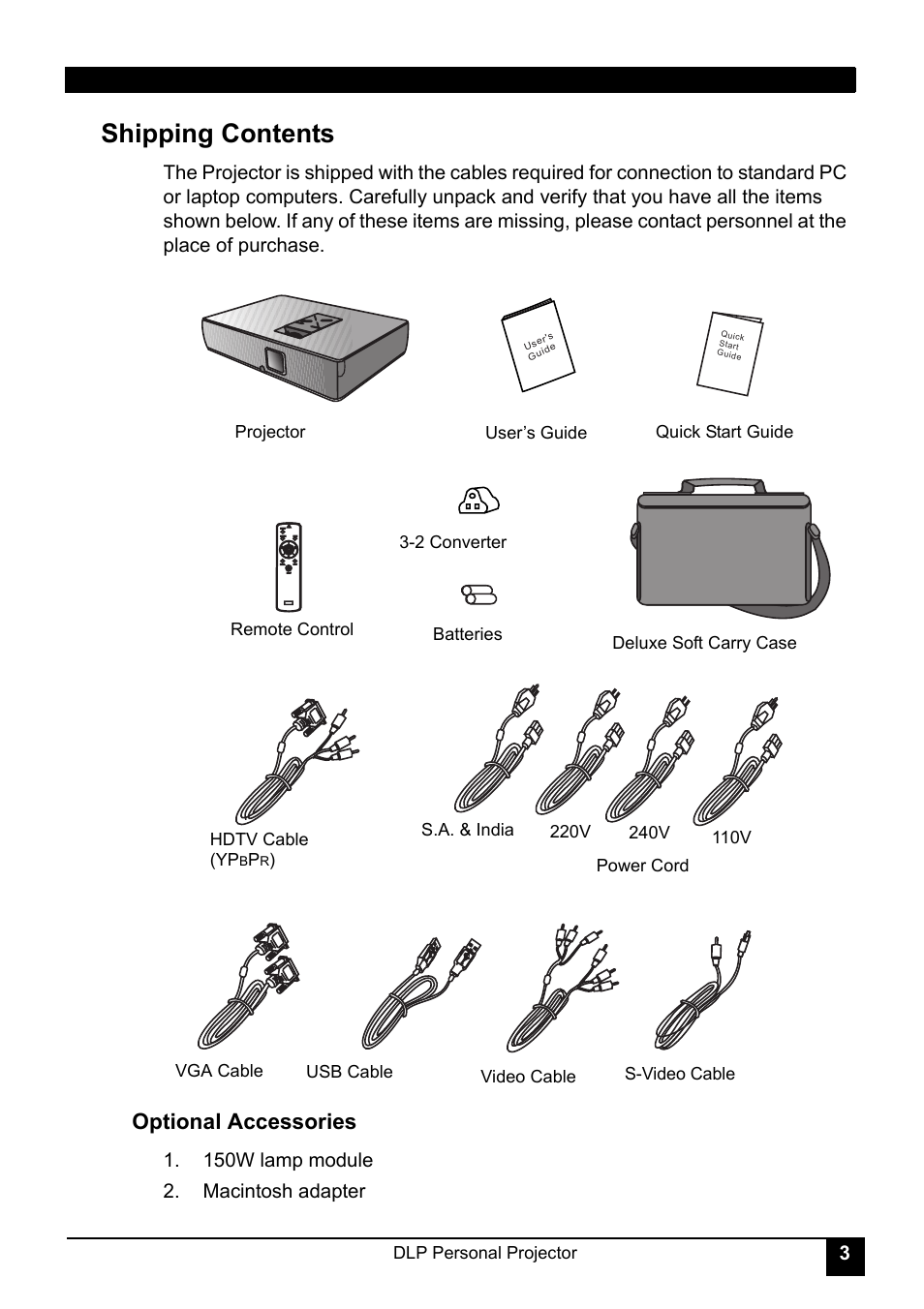 150w lamp module, Macintosh adapter, Shipping contents | Optional accessories, 150w lamp module 2. macintosh adapter | LG RD-JT30 User Manual | Page 7 / 29