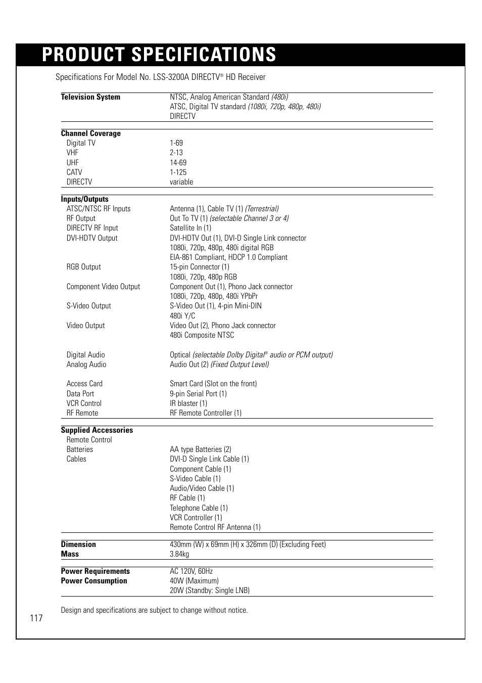 Product specifications | LG LSS-3200A User Manual | Page 118 / 123