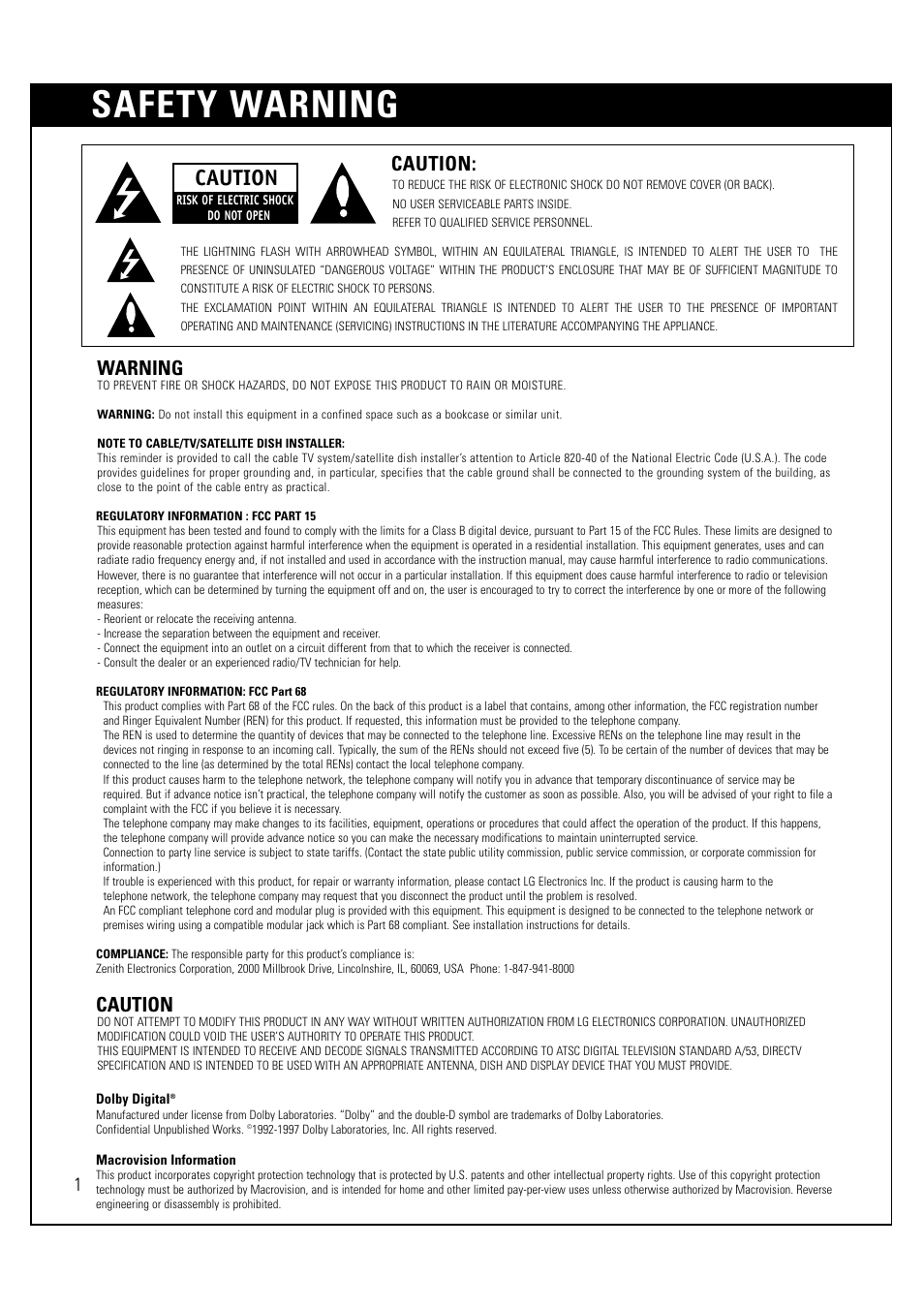 Safety warning, Warning, Caution | LG LSS-3200A User Manual | Page 2 / 123