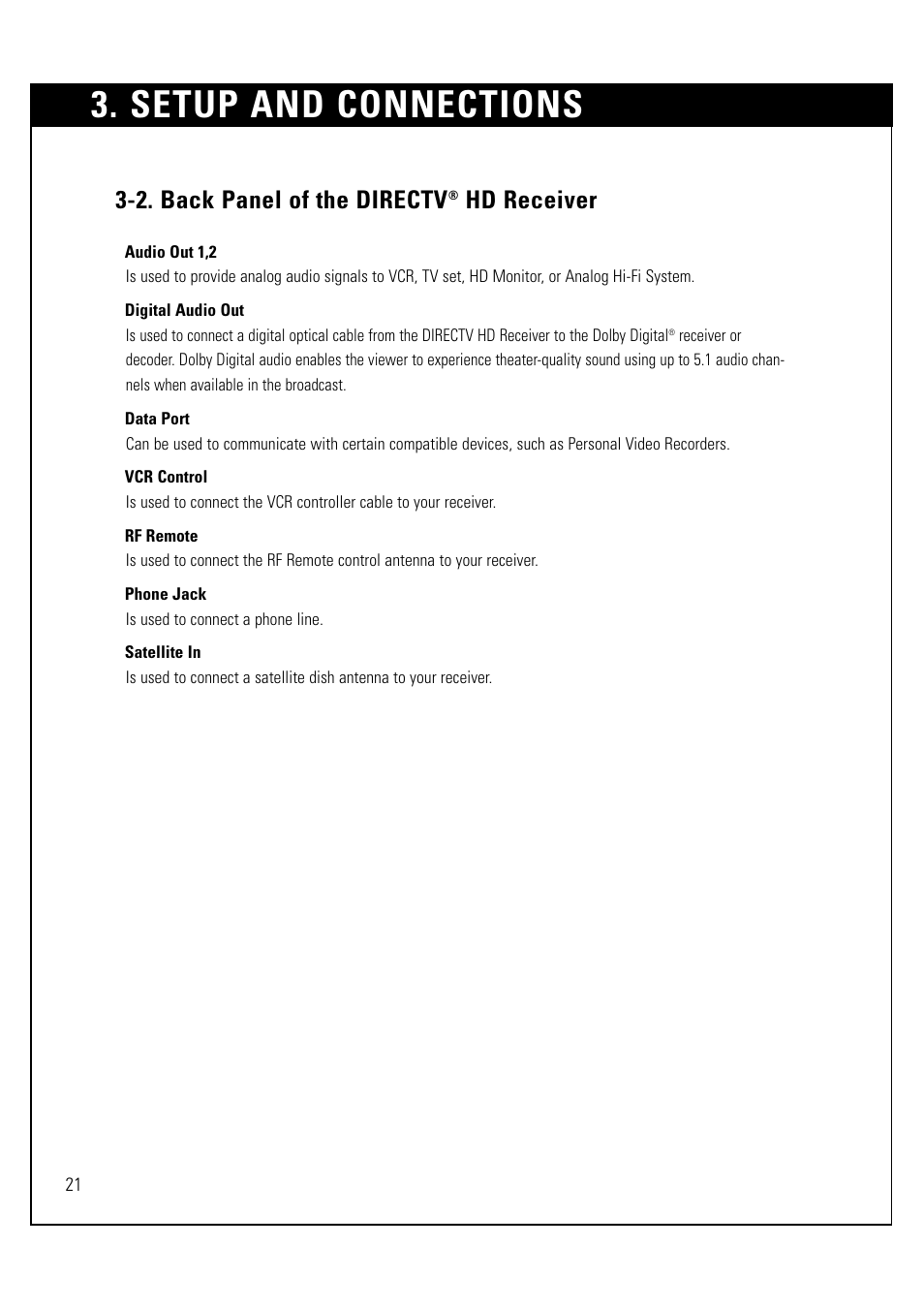 Setup and connections, 2. back panel of the directv, Hd receiver | LG LSS-3200A User Manual | Page 22 / 123