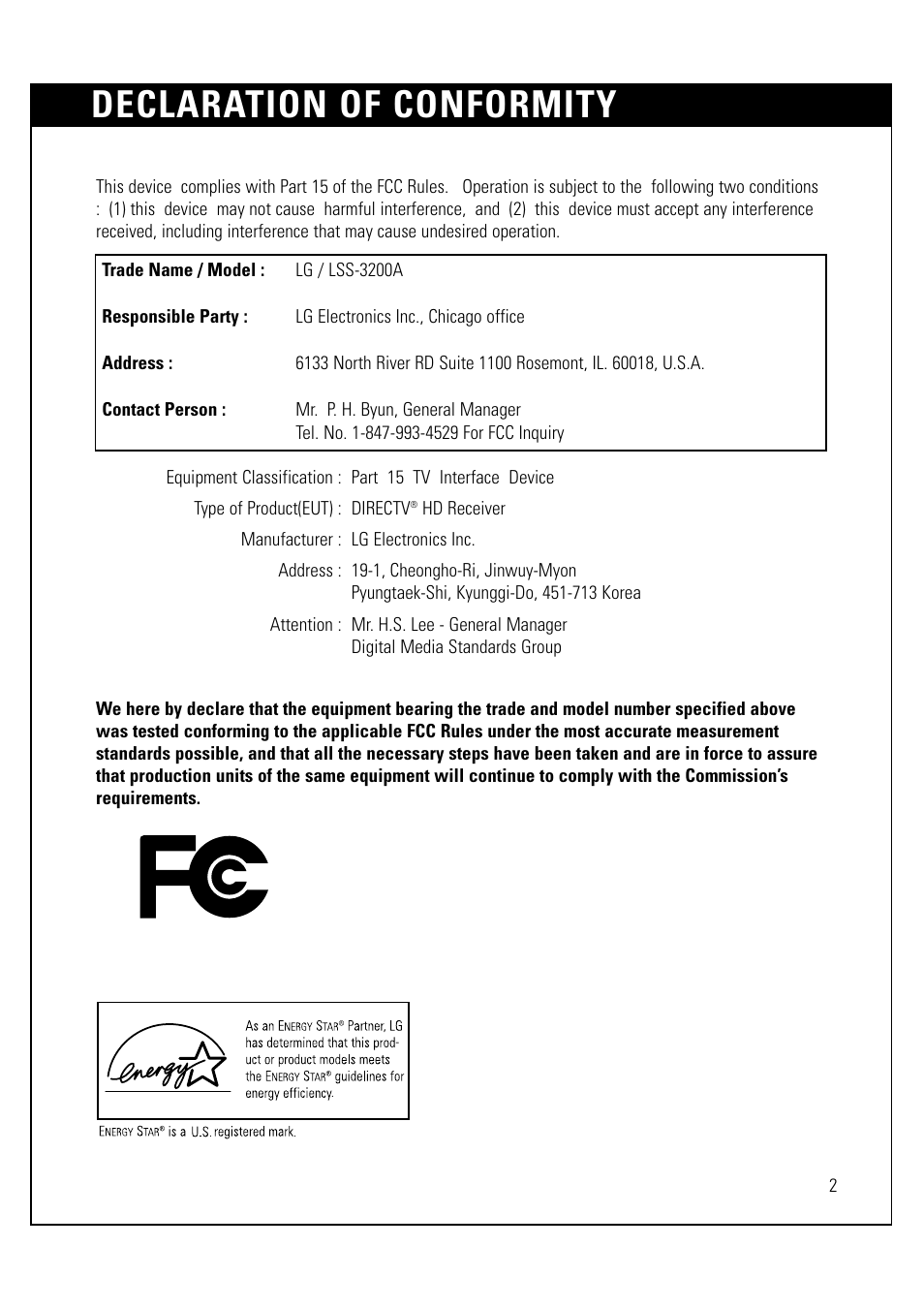 Declaration of conformity | LG LSS-3200A User Manual | Page 3 / 123