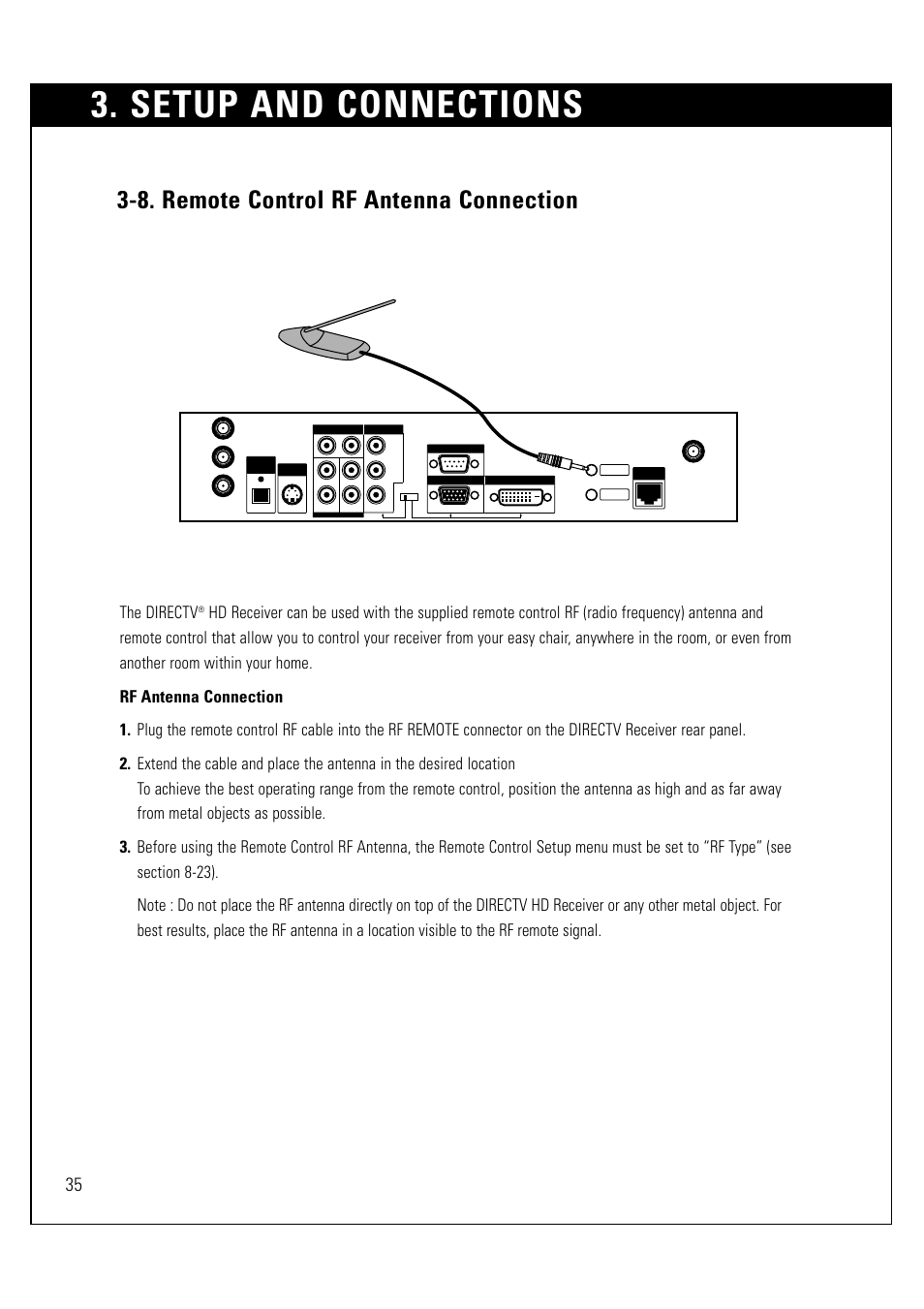 Setup and connections, 8. remote control rf antenna connection, The directv | LG LSS-3200A User Manual | Page 36 / 123