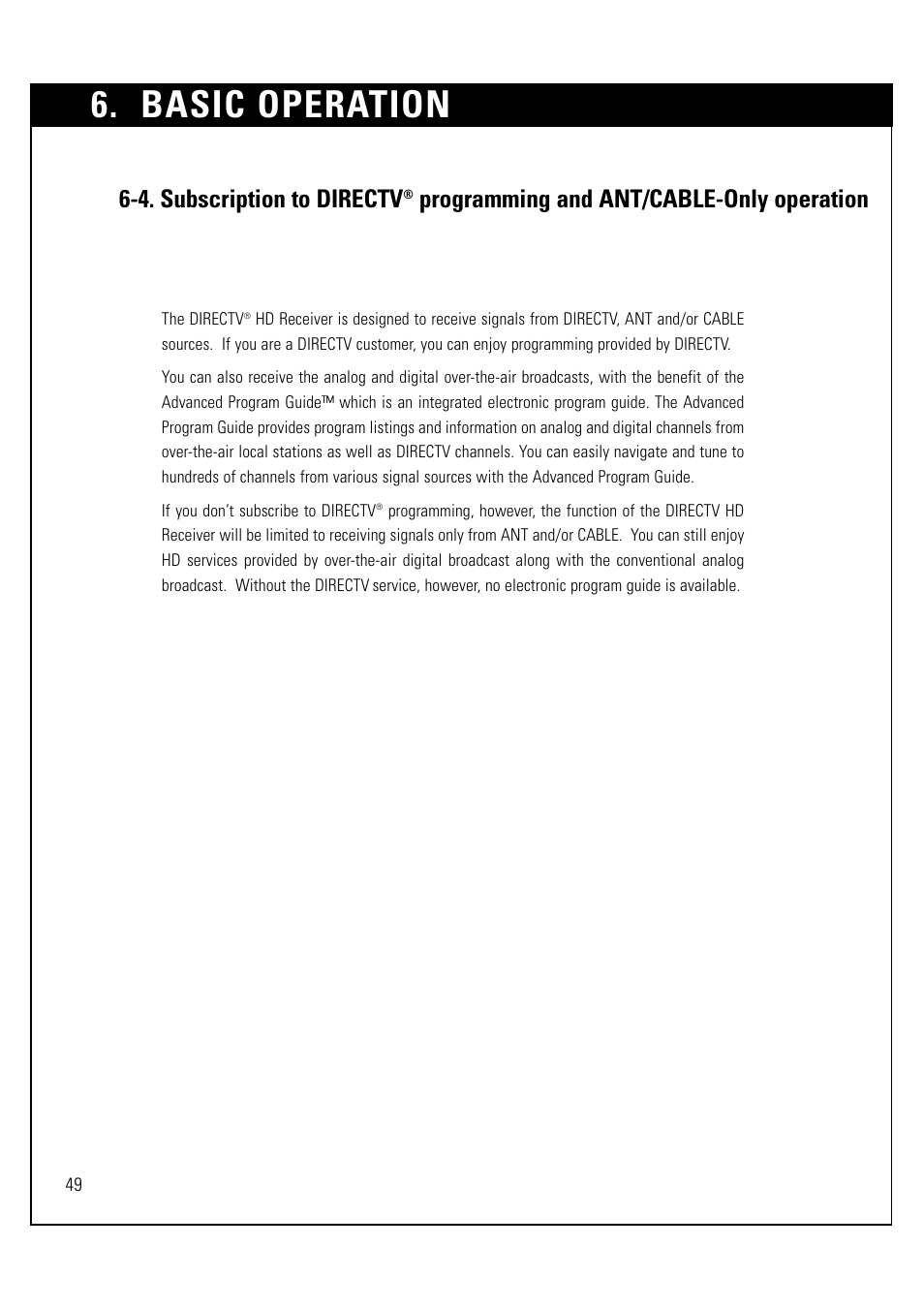 Basic operation, 4. subscription to directv, Programming and ant/cable-only operation | LG LSS-3200A User Manual | Page 50 / 123