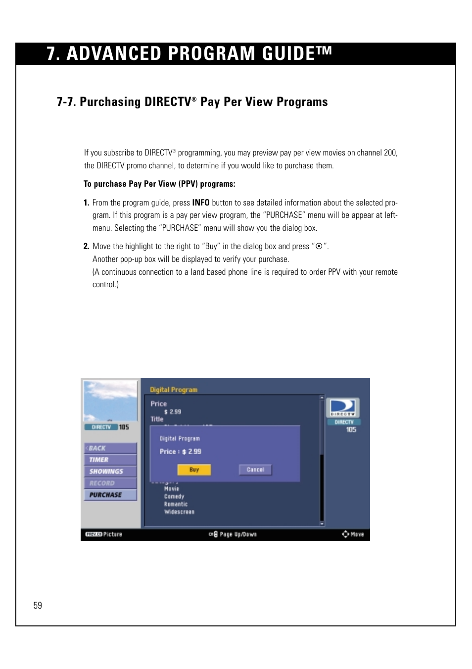 Advanced program guide, 7. purchasing directv, Pay per view programs | LG LSS-3200A User Manual | Page 60 / 123